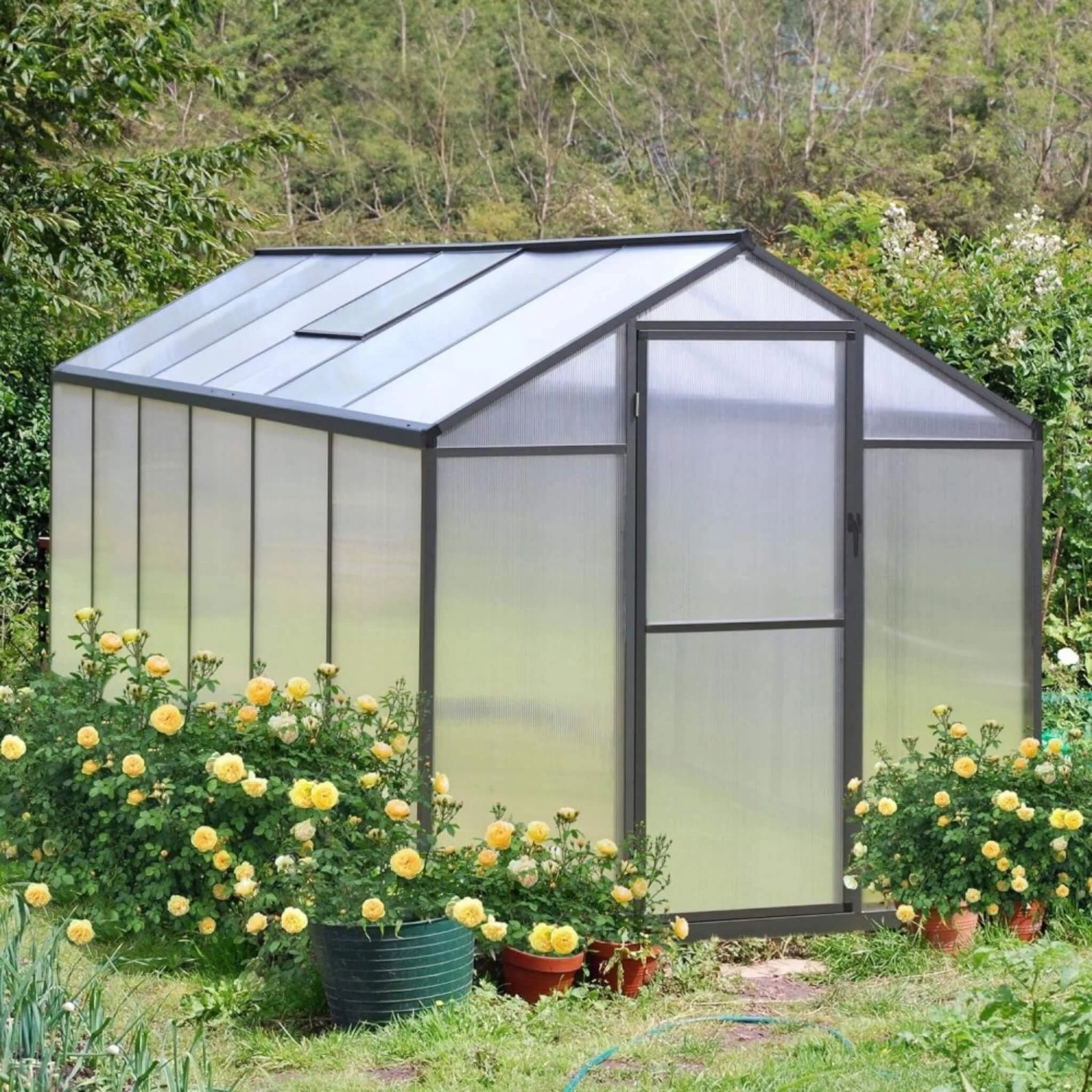 6' x 12' FT Premium Polycarbonate Gray Walk-In Greenhouse Kit With Adjustable Vent And Lockable Door - Image 4