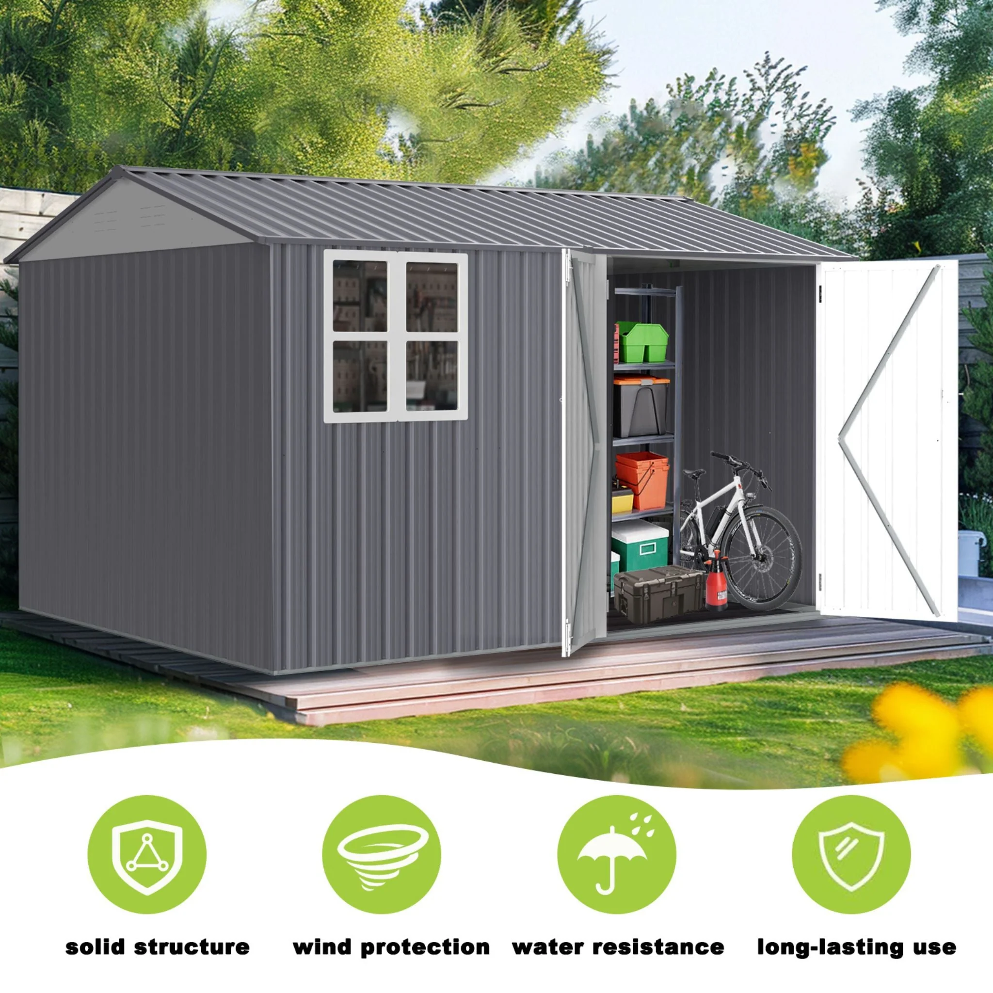 8FT x 10FT Alora Outdoor Garden Tool Shed with Thickened Galvanized Steel, Sloped Roof, Vents and Double Lockable Doors - Image 8