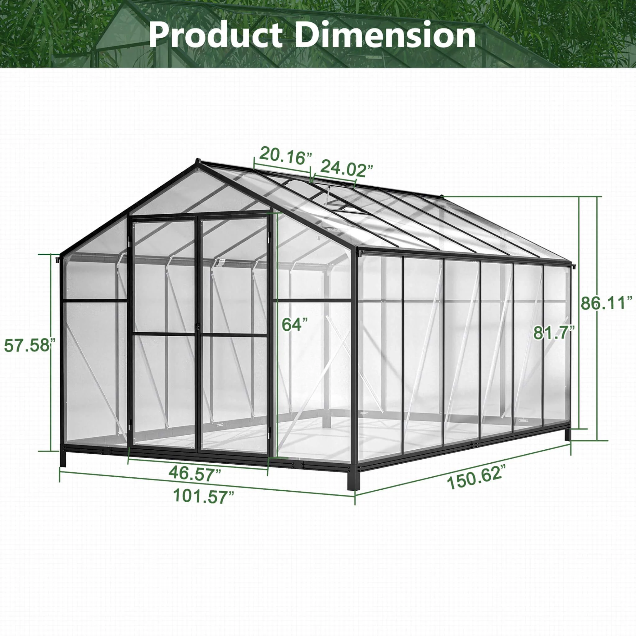 8' x 12' FT Large Outdoor Heavy-Duty Polycarbonate Walk-In Greenhouse With Double Swing Doors And Two Ventilation Windows - Image 16
