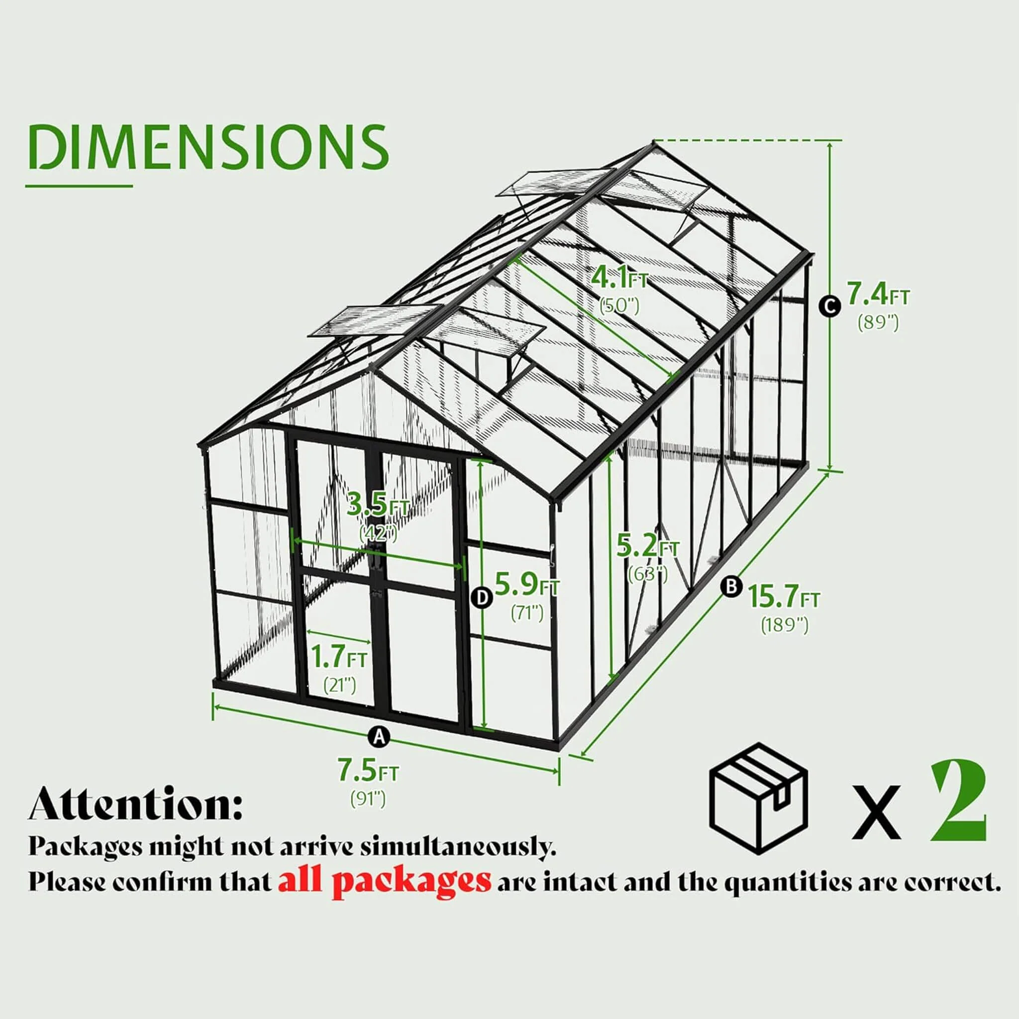 8' x 16' FT Premium Polycarbonate Outdoor Walk-In Patio Greenhouse With Double Swing Doors, 4MM - Image 3