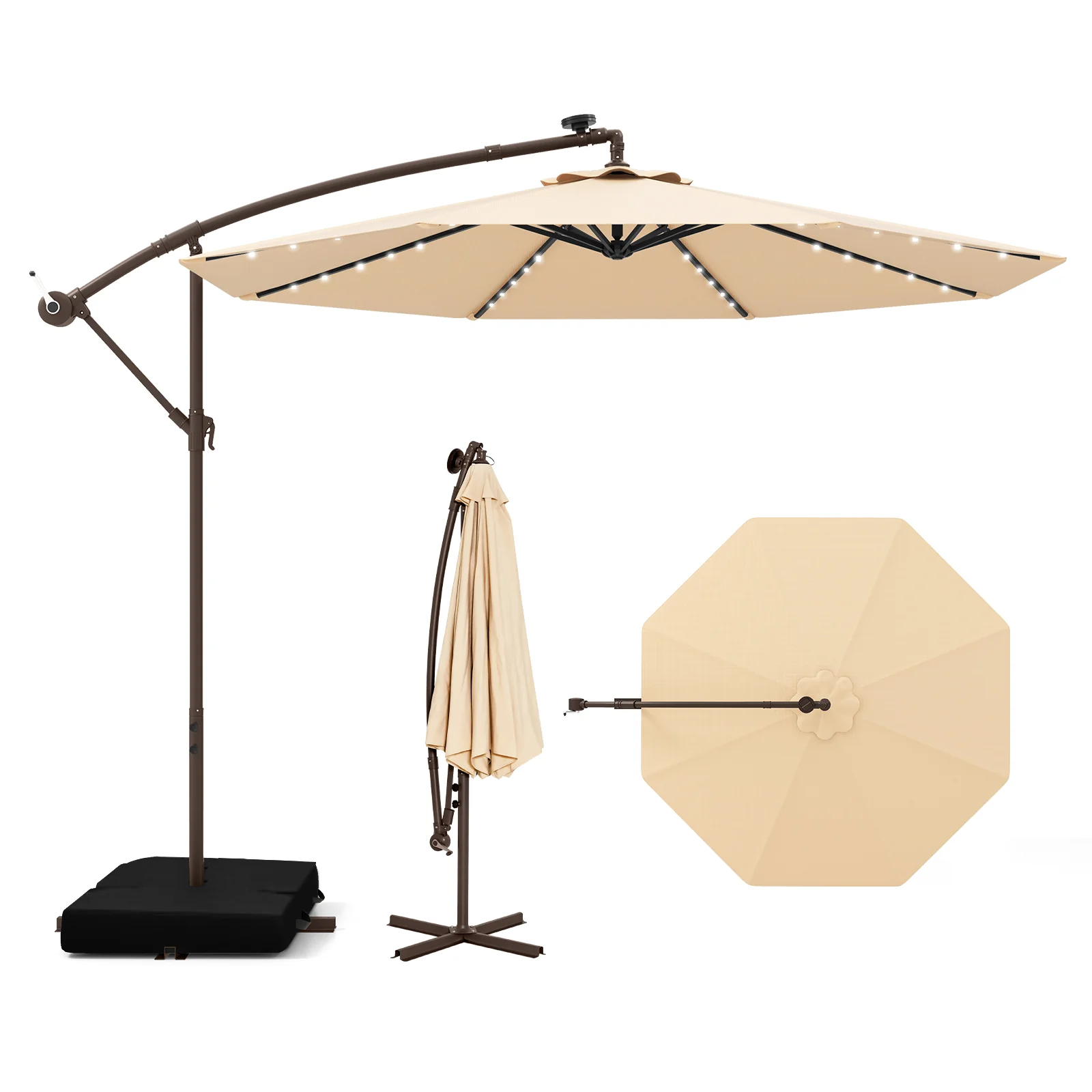 10 Feet Cantilever Umbrella with 32 LED Lights and Solar Panel Batteries - Image 3