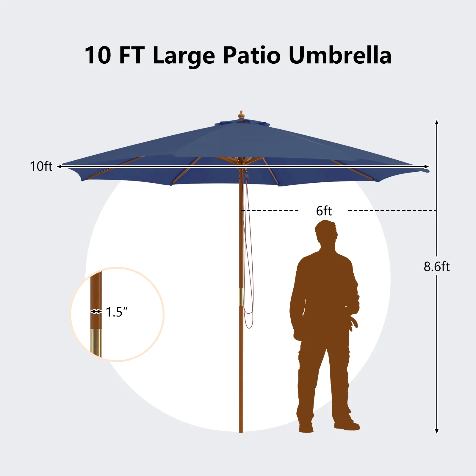 10 Feet Patio Umbrella with 8 Wooden Ribs and 3 Adjustable Heights - Image 20