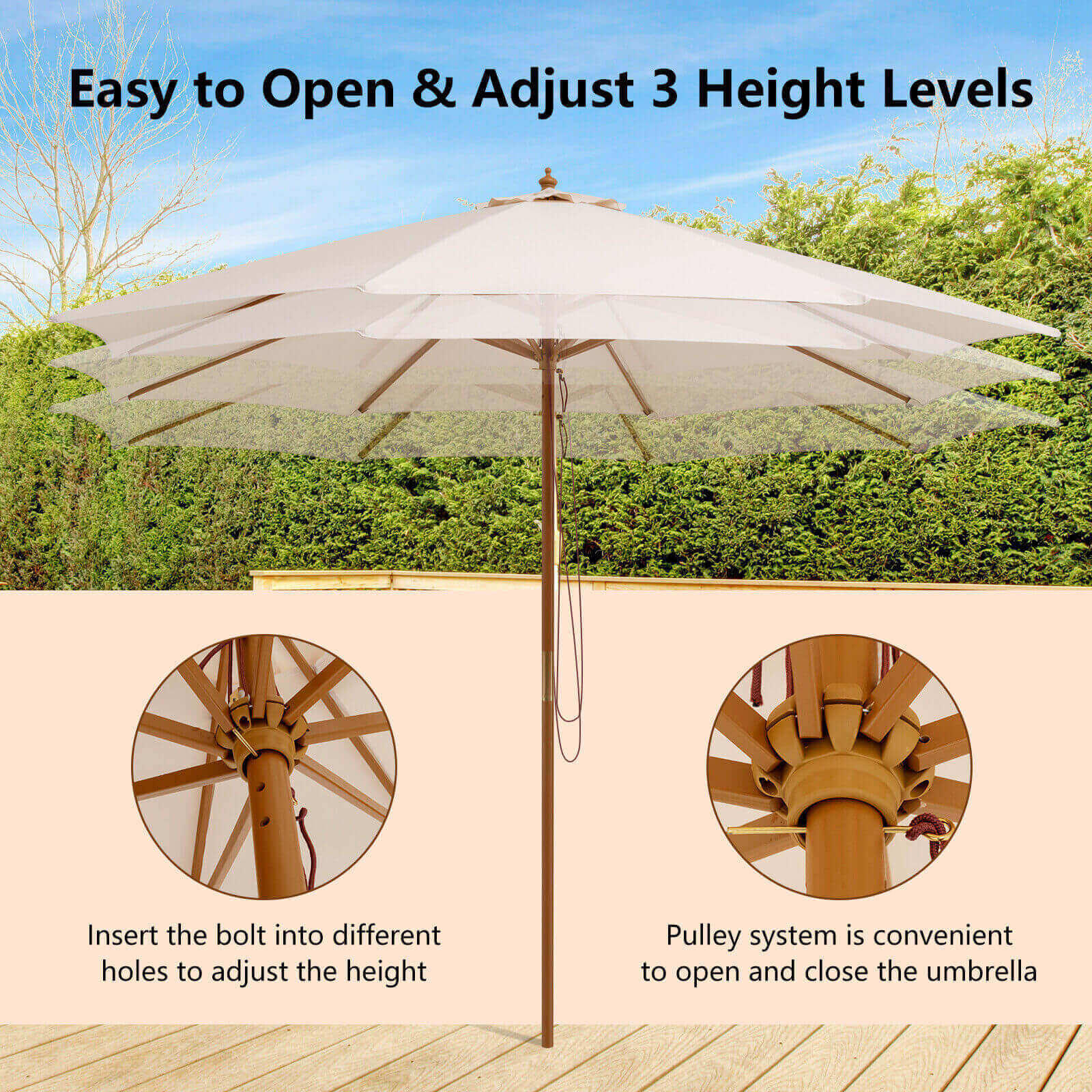 10 Feet Patio Umbrella with 8 Wooden Ribs and 3 Adjustable Heights - Image 6