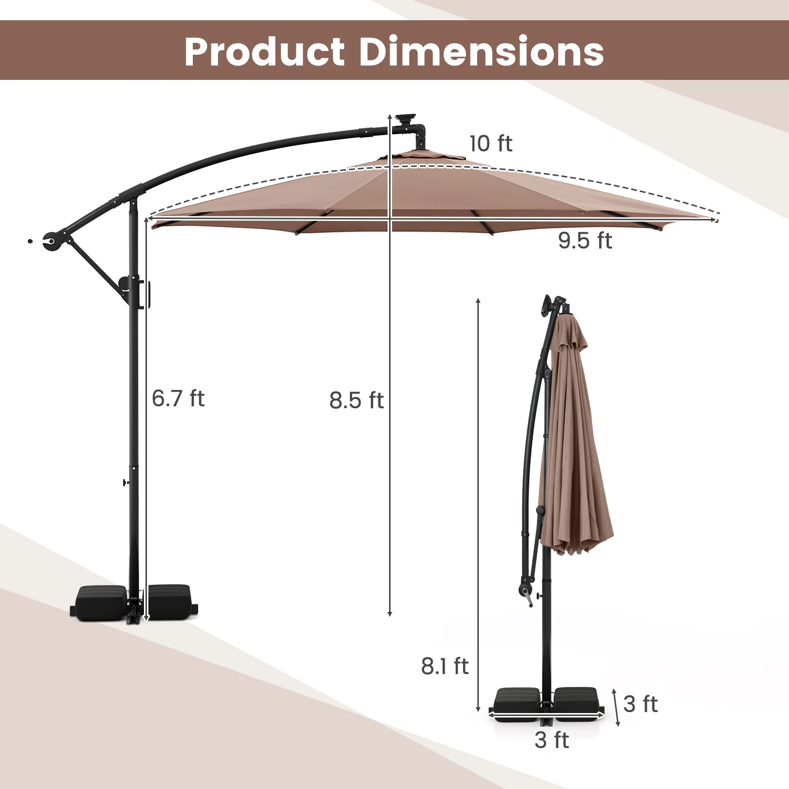 10 Feet Solar Offset Hanging Umbrella with Base and LED Lights - Image 11
