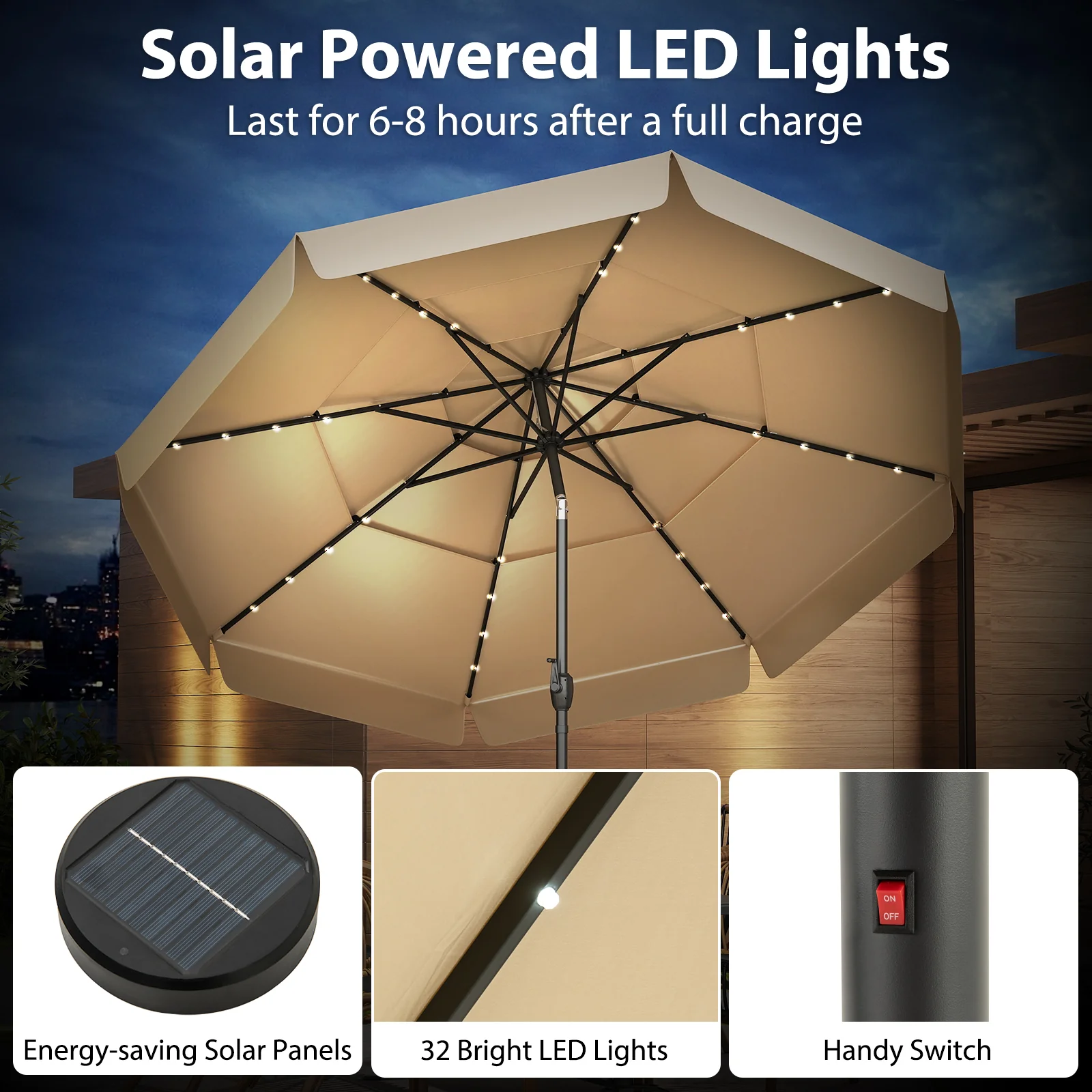 10 Feet Solar Patio Umbrella with 3-Tier Vented Top - Image 6