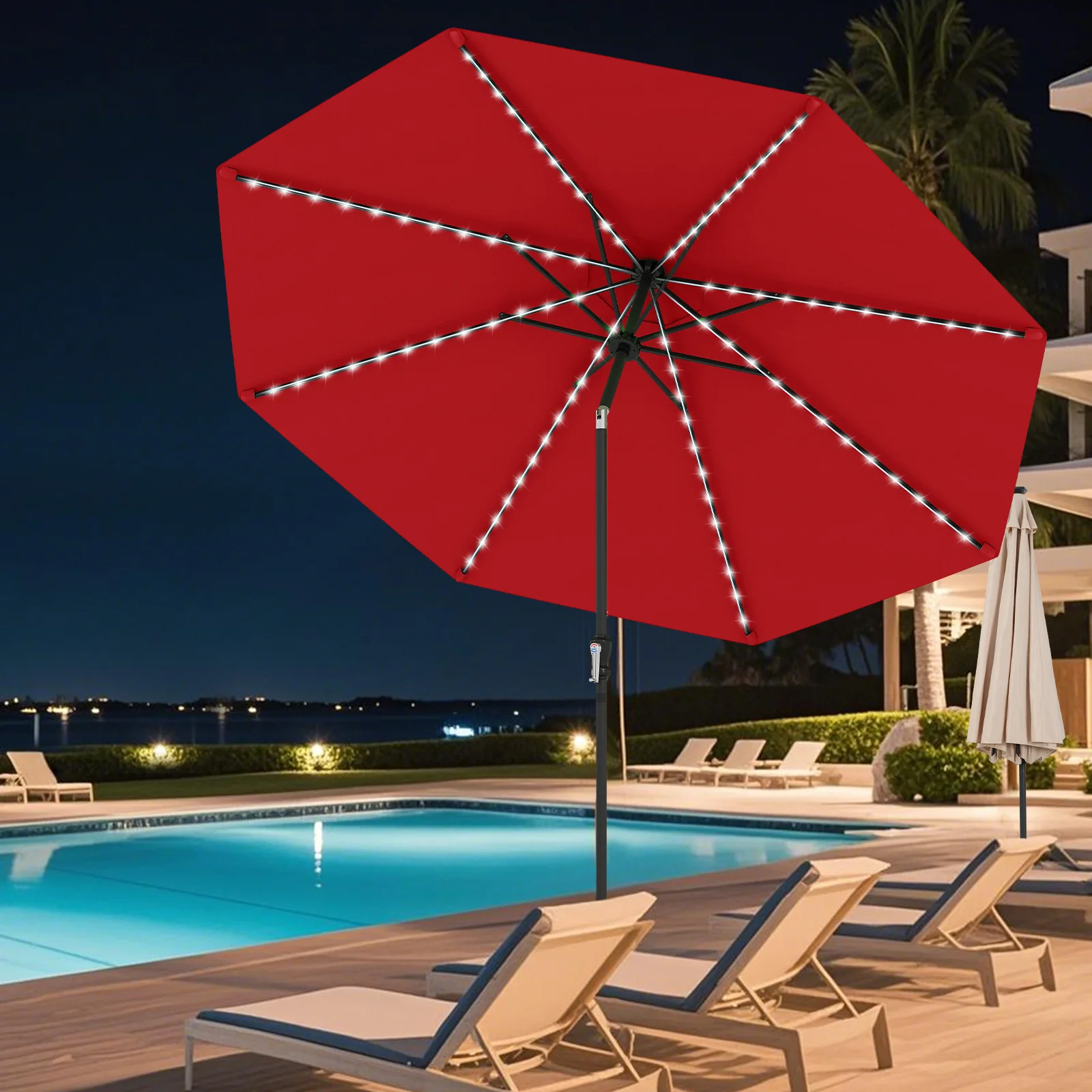 10 Feet Solar Patio Umbrella with 96 Multi-Colored Flowing LED Lights and Tilt Adjustment - Image 20
