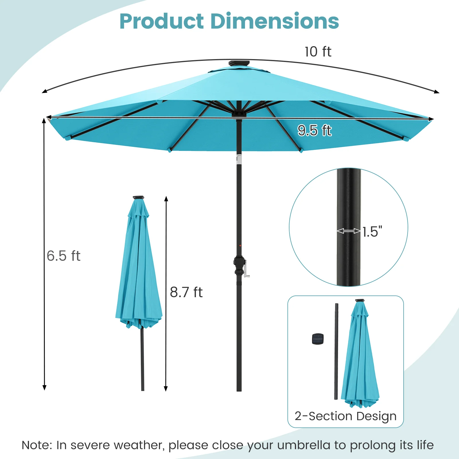 10 Feet Solar Patio Umbrella with 96 Multi-Colored Flowing LED Lights and Tilt Adjustment - Image 23