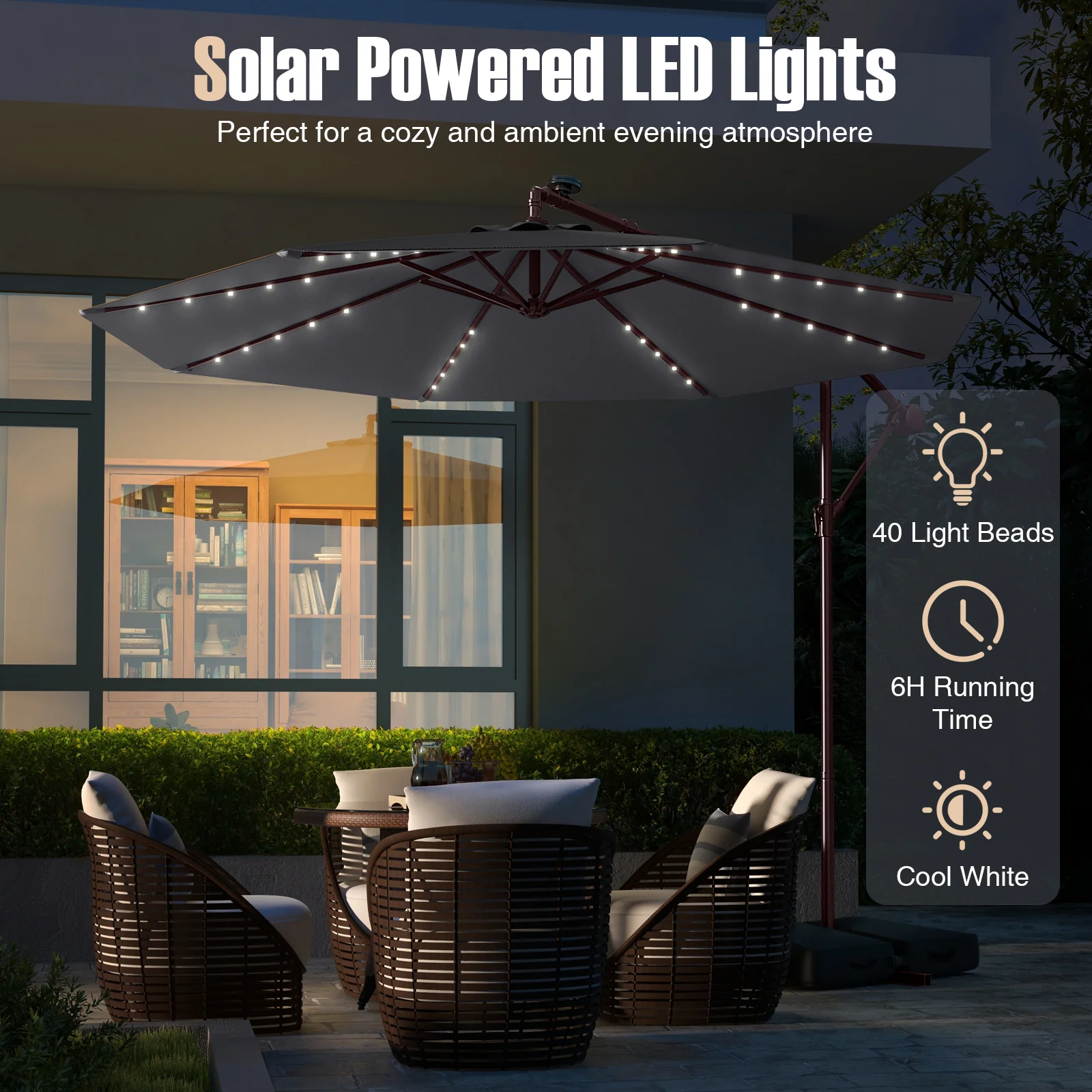 10 Ft Patio Umbrella Offset Cantilever Umbrella with 40 Solar Powered Lights - Image 5
