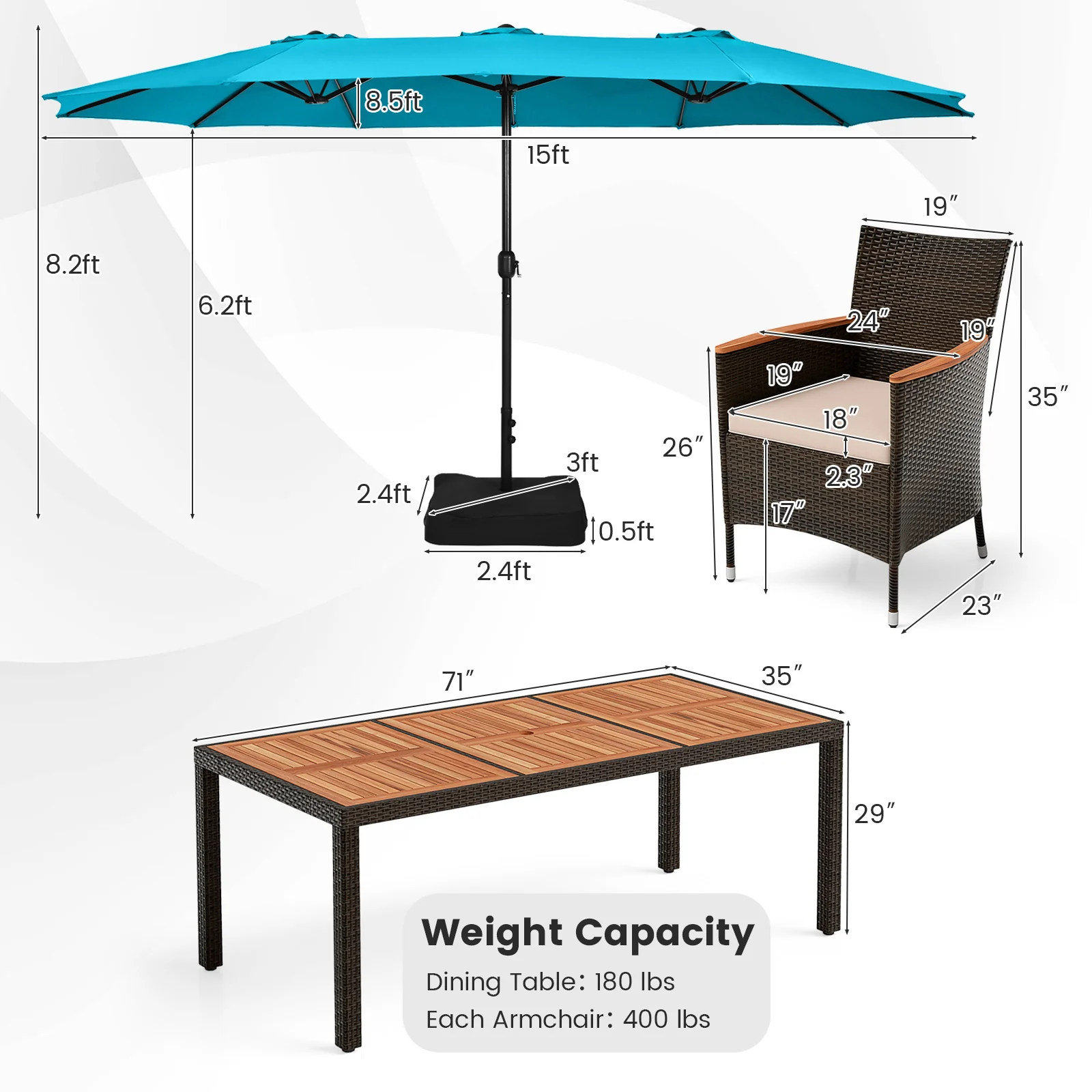10 Piece Outdoor Dining Set with 15 Feet Double-Sided Twin Patio Umbrella-Turquoise - Image 5