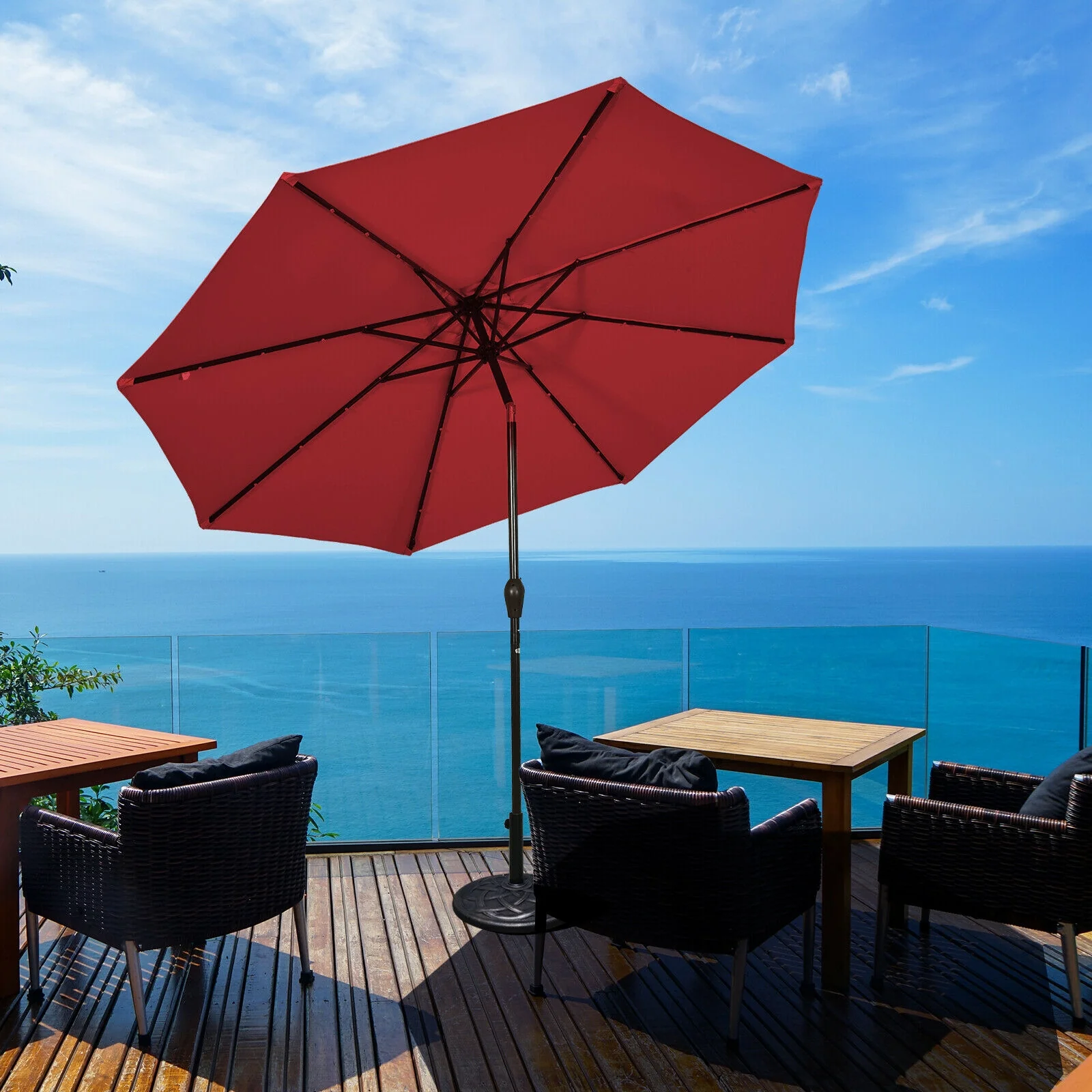 10' Solar LED Lighted Patio Market Umbrella Shade Tilt Adjustment Crank-Beige - Image 14