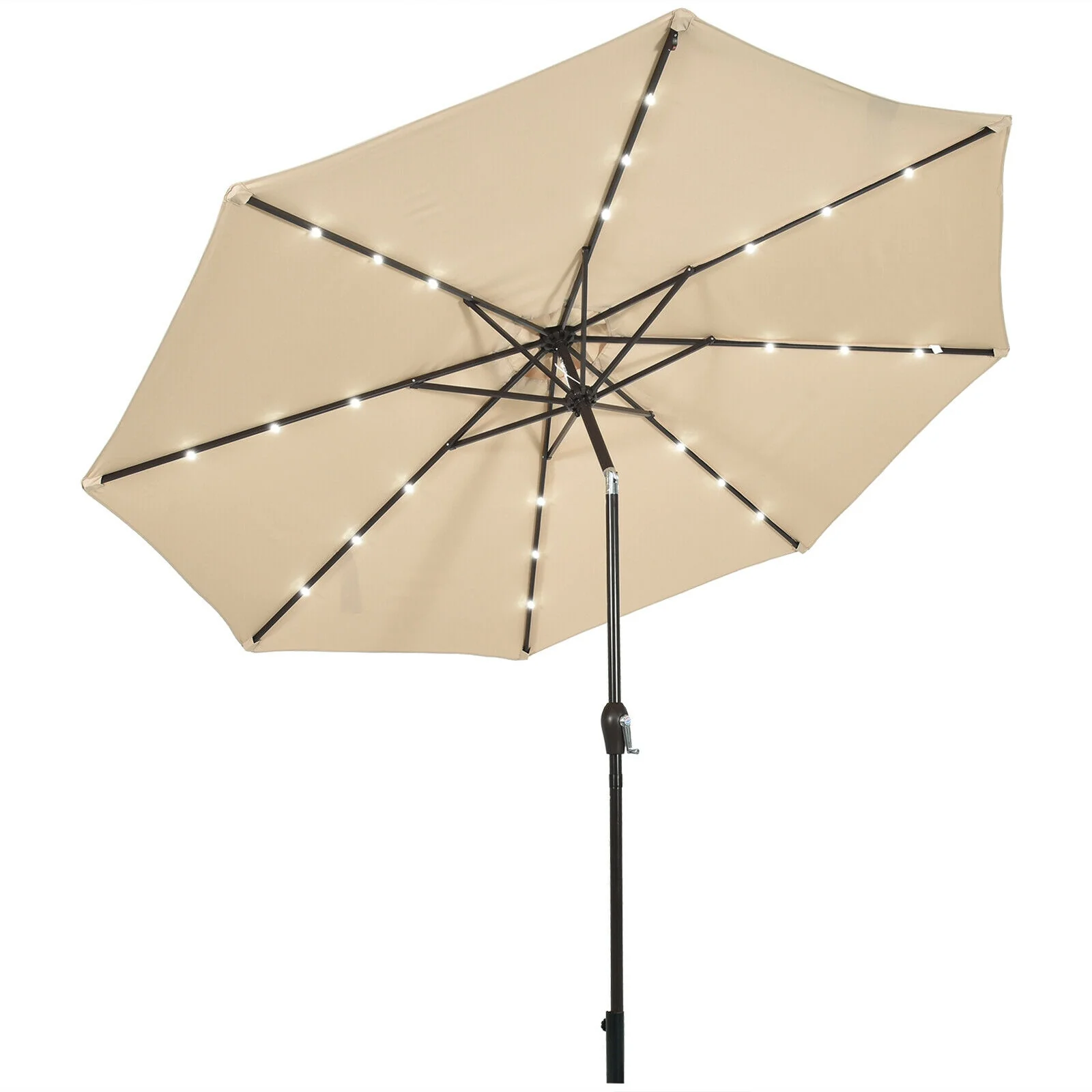 10' Solar LED Lighted Patio Market Umbrella Shade Tilt Adjustment Crank-Beige - Image 3