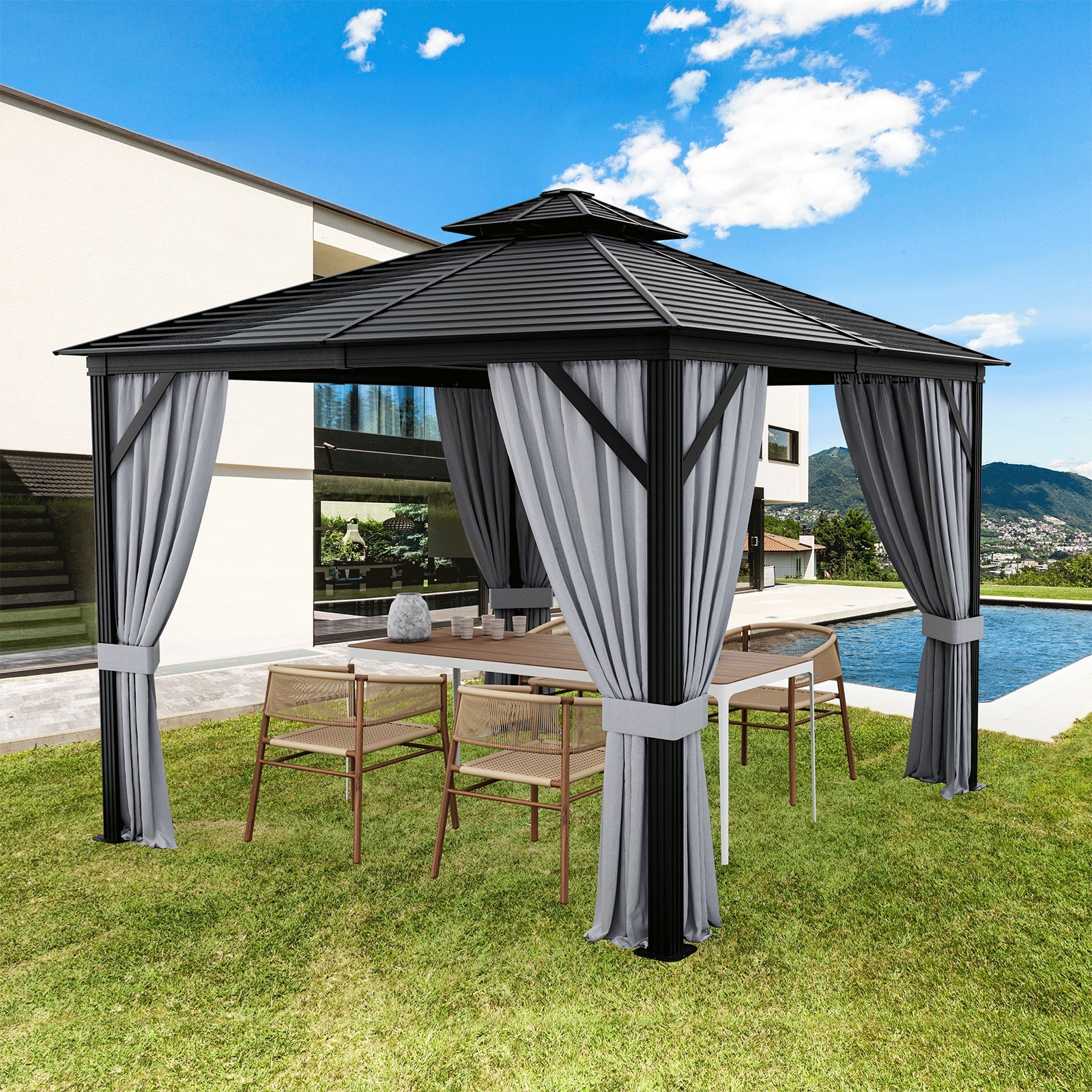 10 x 10 Feet Double-Top Hardtop Gazebo with Galvanized Steel Roof-Gray - Image 2