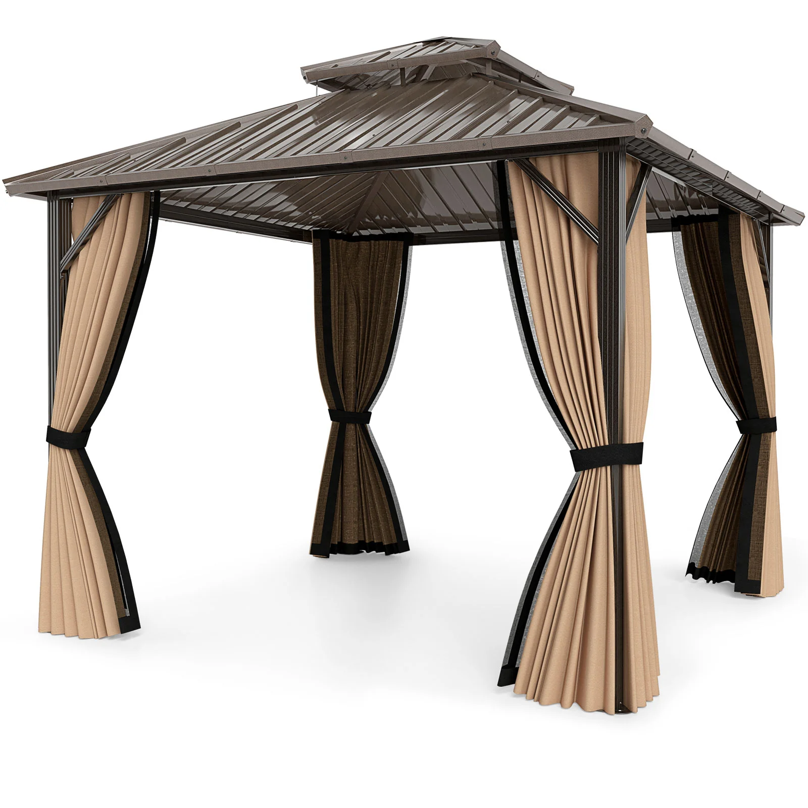 10 x 10 Feet Hardtop Gazebo with Netting and Curtain and Double-Roof Galvanized Metal Top - Image 3