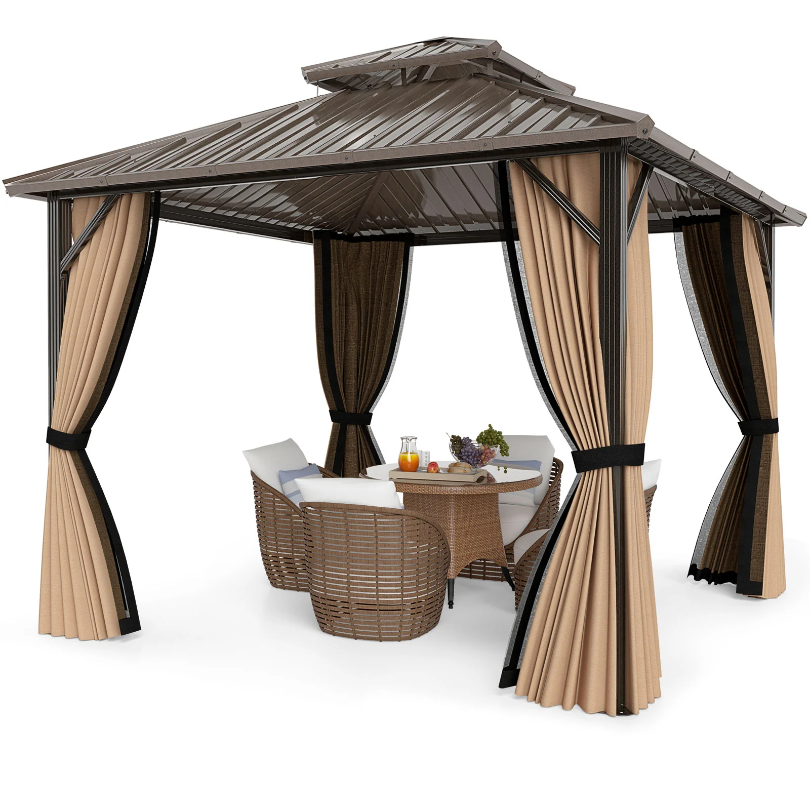 10 x 10 Feet Hardtop Gazebo with Netting and Curtain and Double-Roof Galvanized Metal Top - Image 4