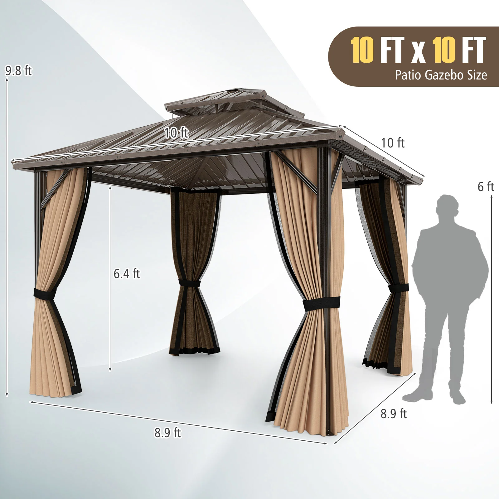 10 x 10 Feet Hardtop Gazebo with Netting and Curtain and Double-Roof Galvanized Metal Top - Image 5