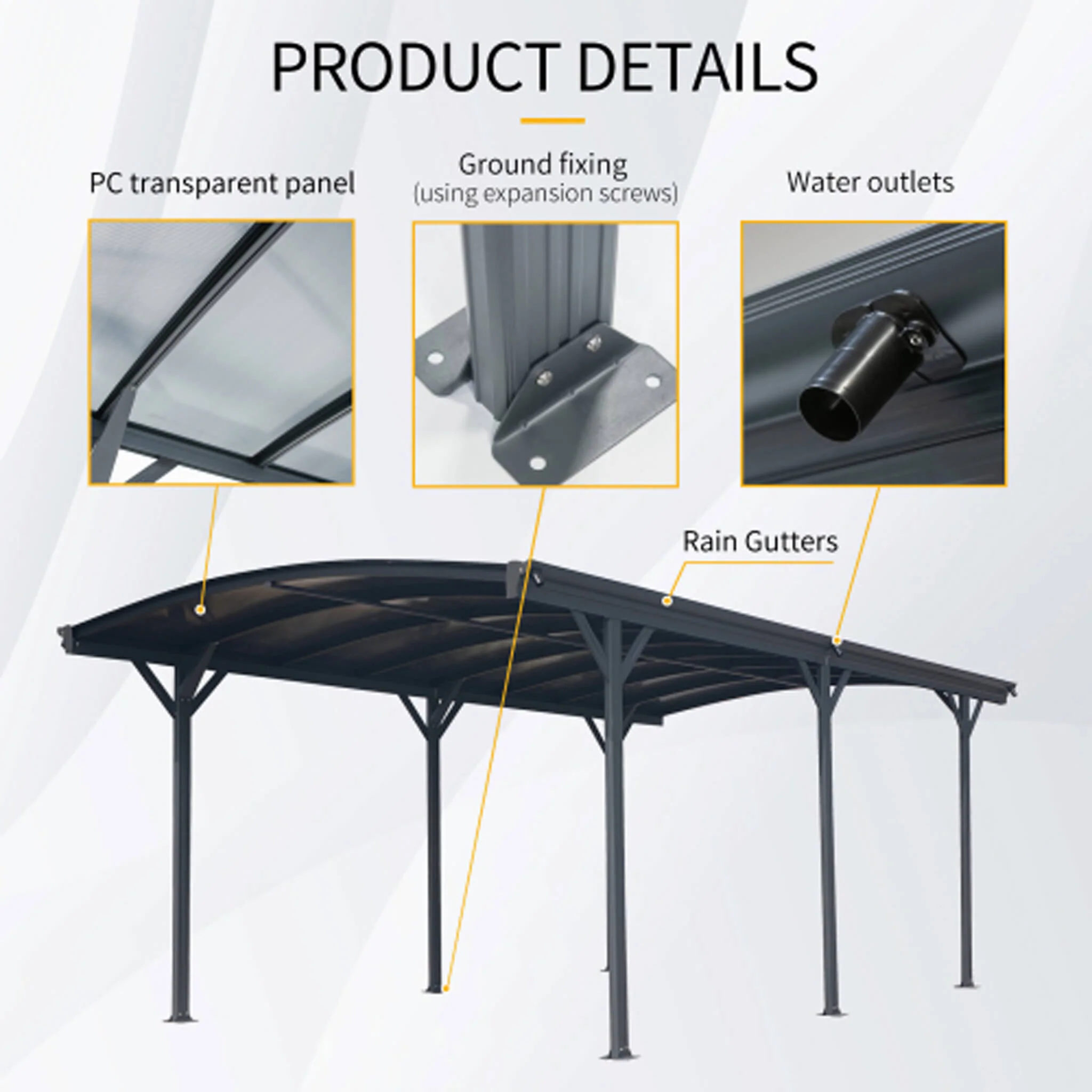10FT x 19FT Alora Heavy-Duty Outdoor Aluminum Arch Carport with Polycarbonate Panels - Image 6