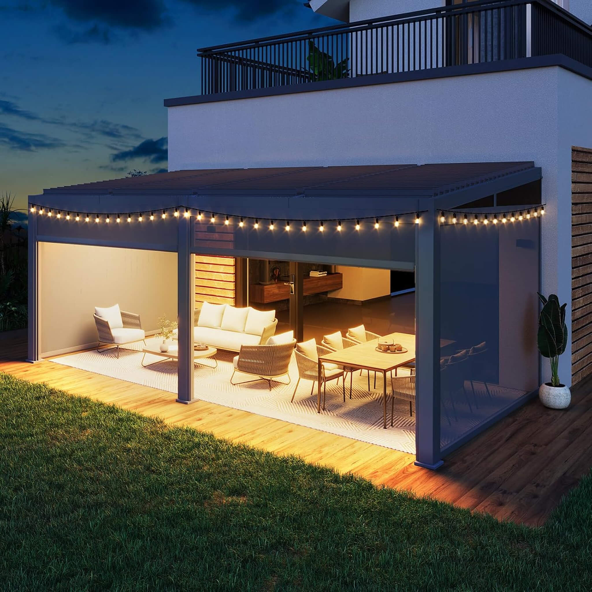 10FT x 20FT Alora Luxury Wall-Mounted Aluminum Louvered Pergola with Pull-Down Screens - Image 4