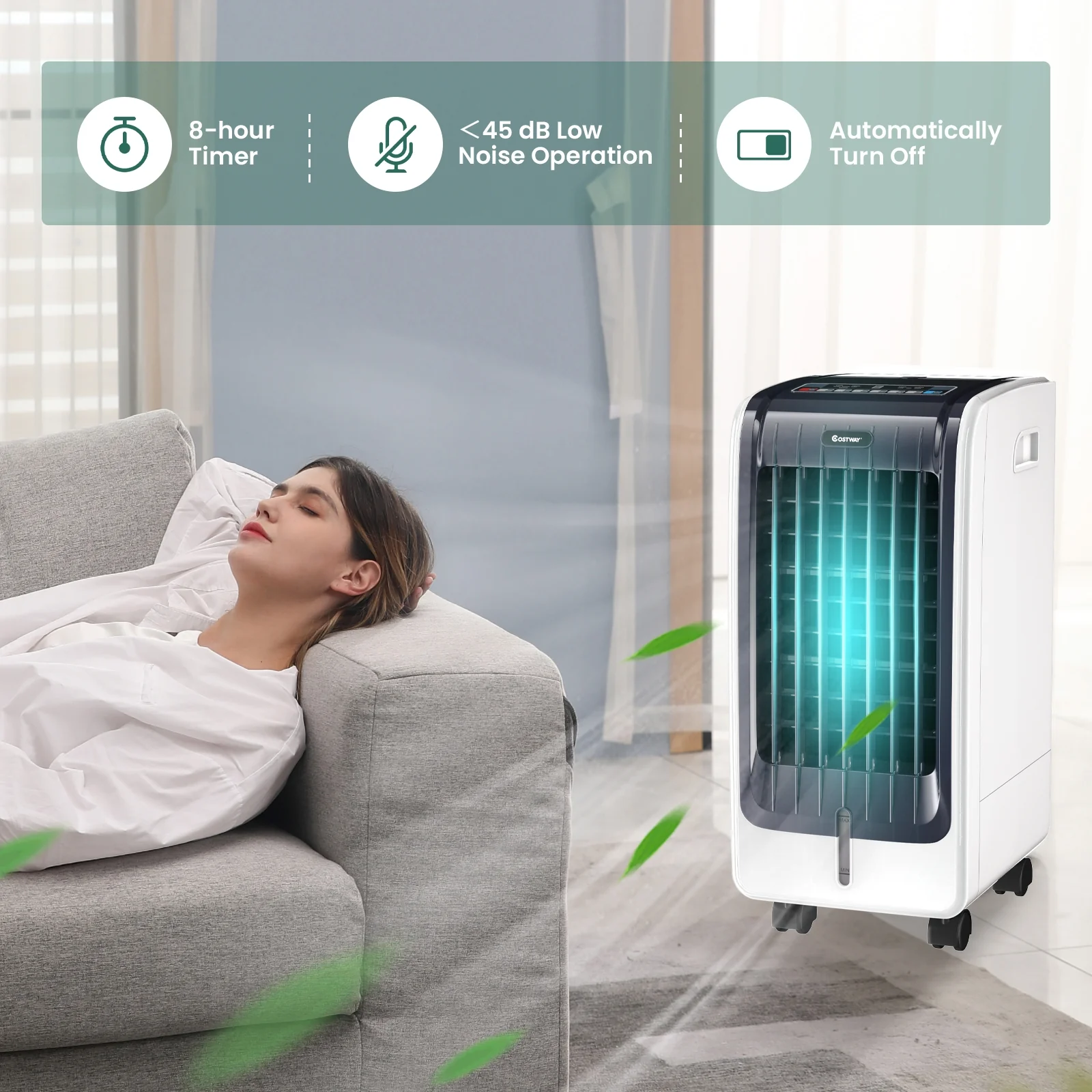 110V Portable Cooling Evaporative Fan with 3-Speed and 8H Timer Function - Image 2