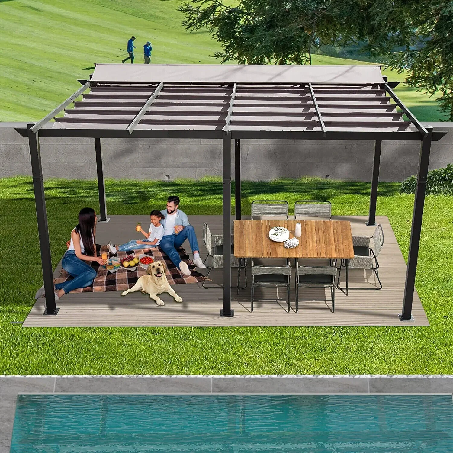 11' x 16' Outdoor Retractable Backyard Aluminum Metal Pergola Gazebo With Roof - Image 7