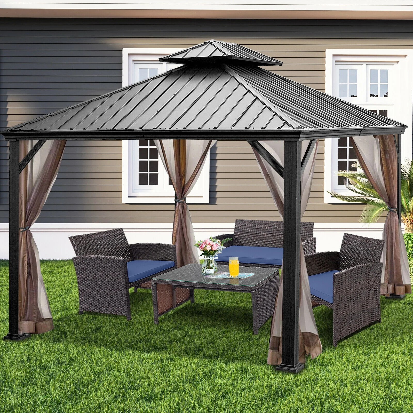 12' x 10' FT Hardtop Gazebo 2-tier Outdoor Galvanized Steel Canopy