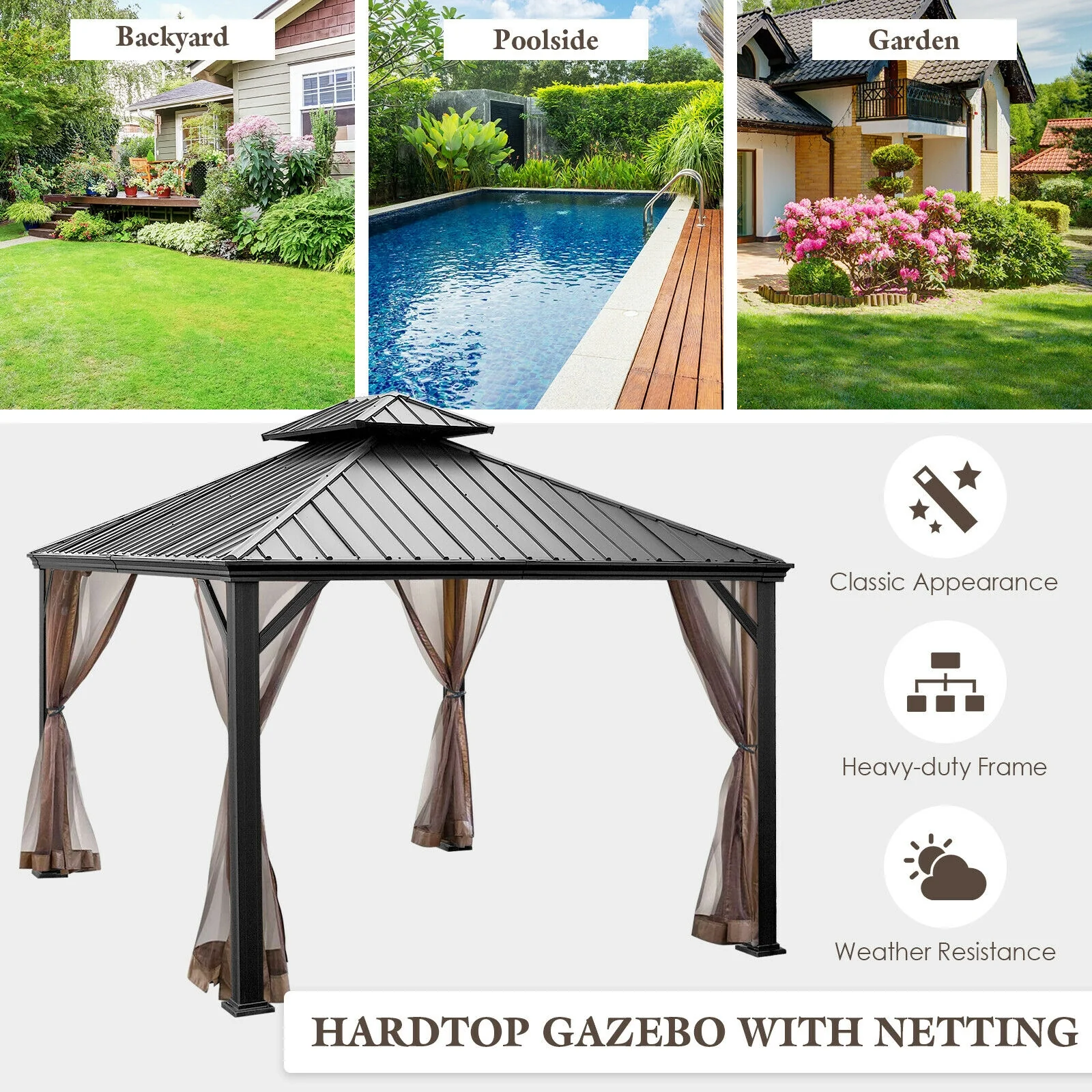 12' x 10' FT Hardtop Gazebo 2-tier Outdoor Galvanized Steel Canopy - Image 8