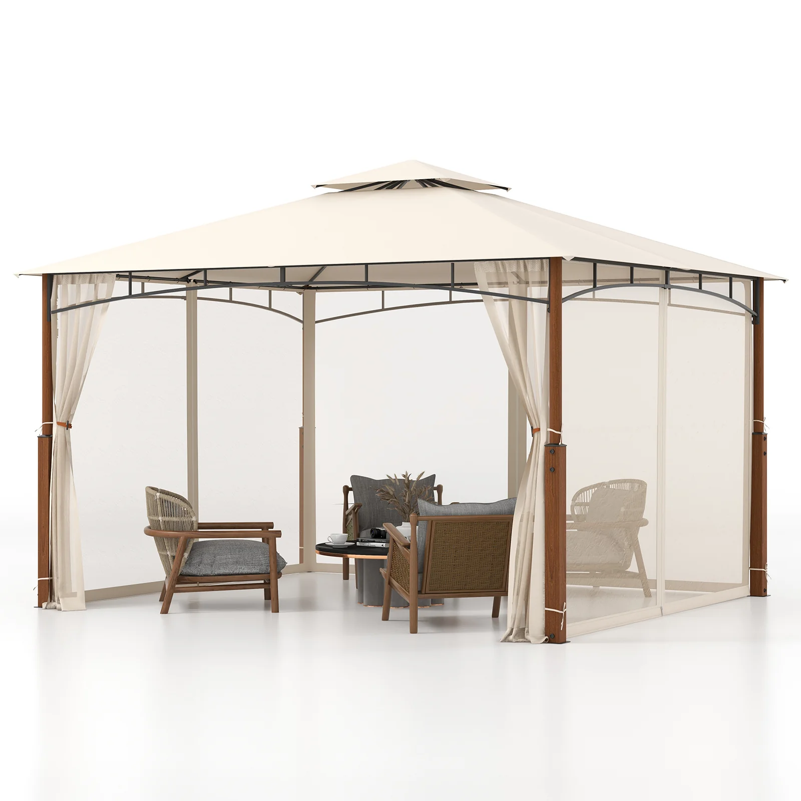 12 x 10 Feet Outdoor Patio Gazebo with Netting and 2-Tier Canopy Roof-Beige - Image 4