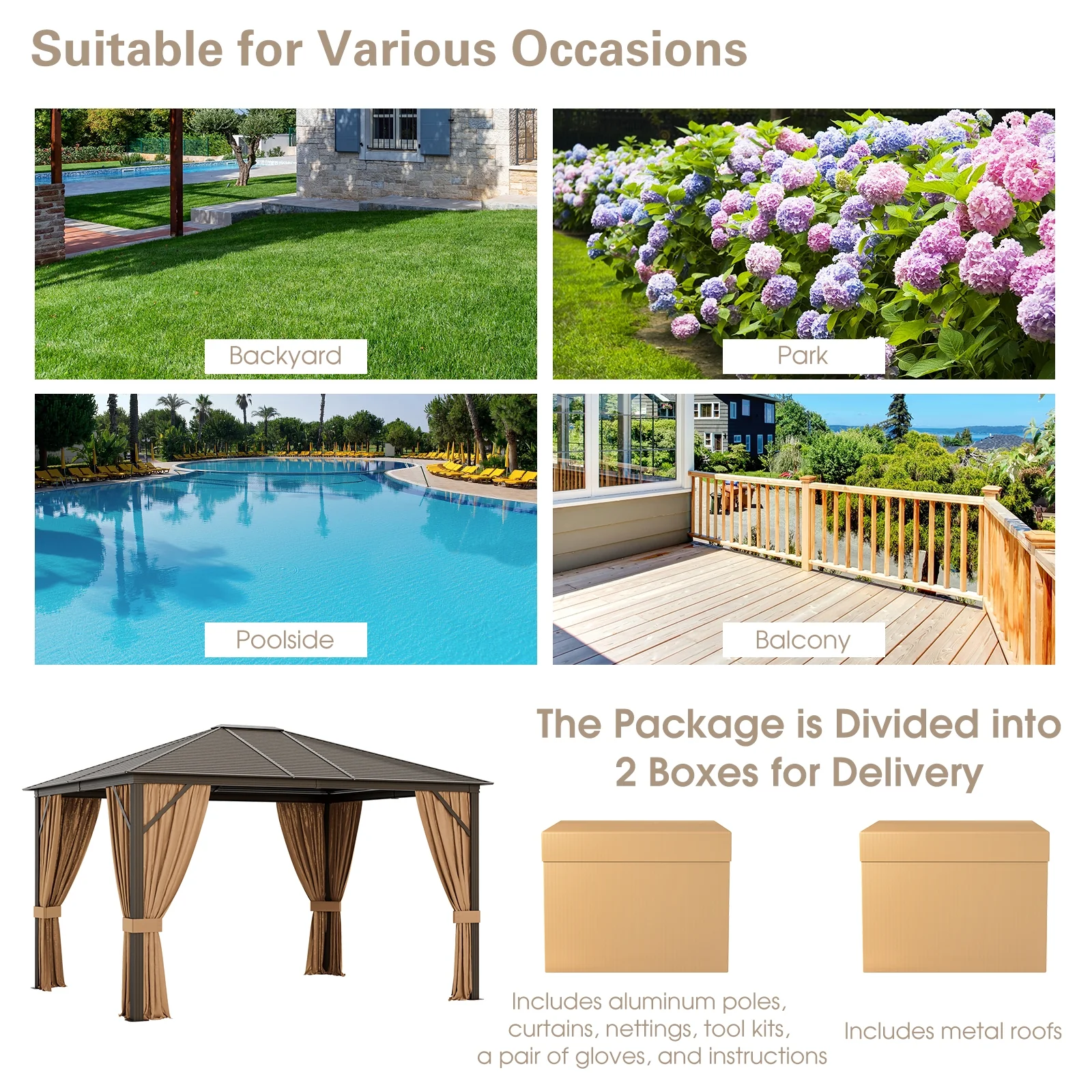 12 x10 Feet Outdoor Hardtop Gazebo with Galvanized Steel Top and Netting-Brown - Image 8