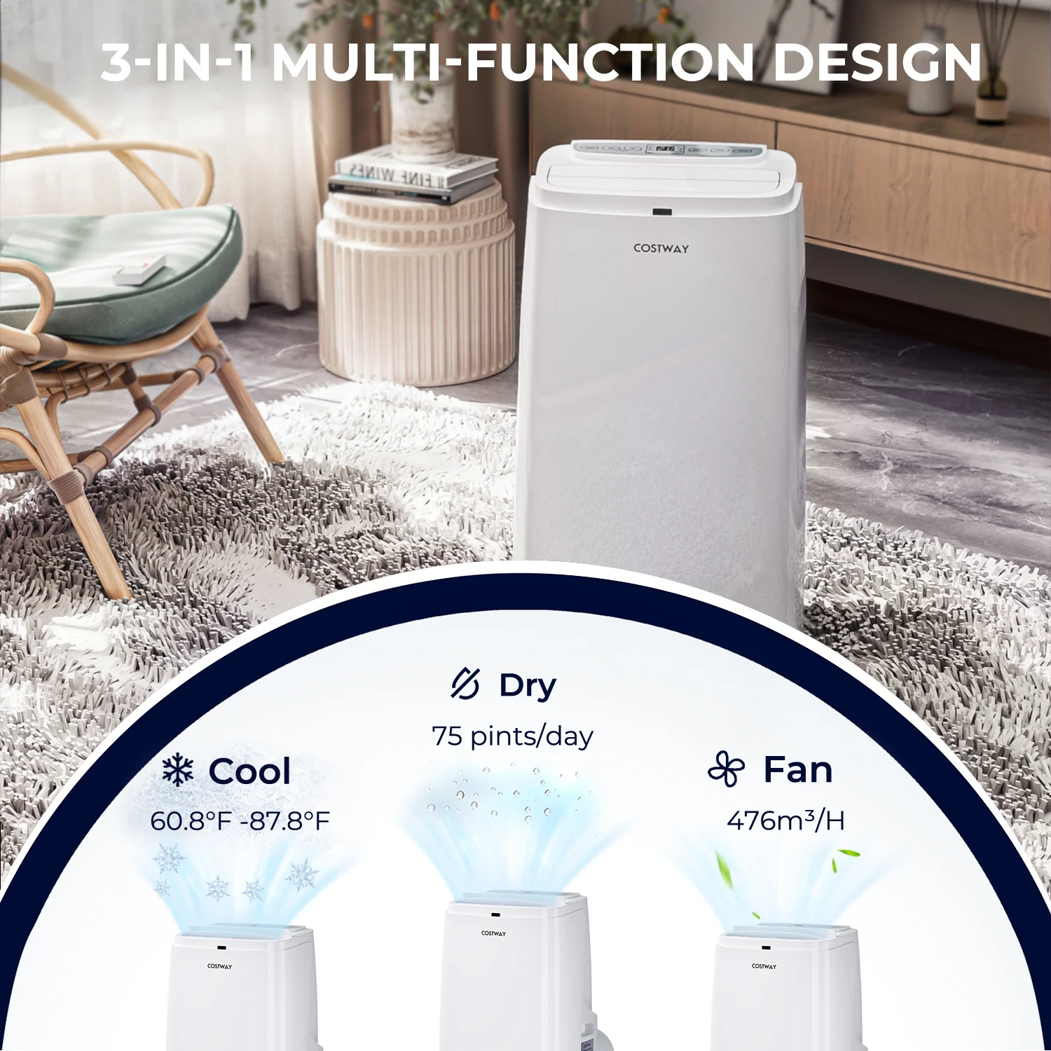12000BTU 3-in-1 Portable Air Conditioner with Remote-White - Image 2