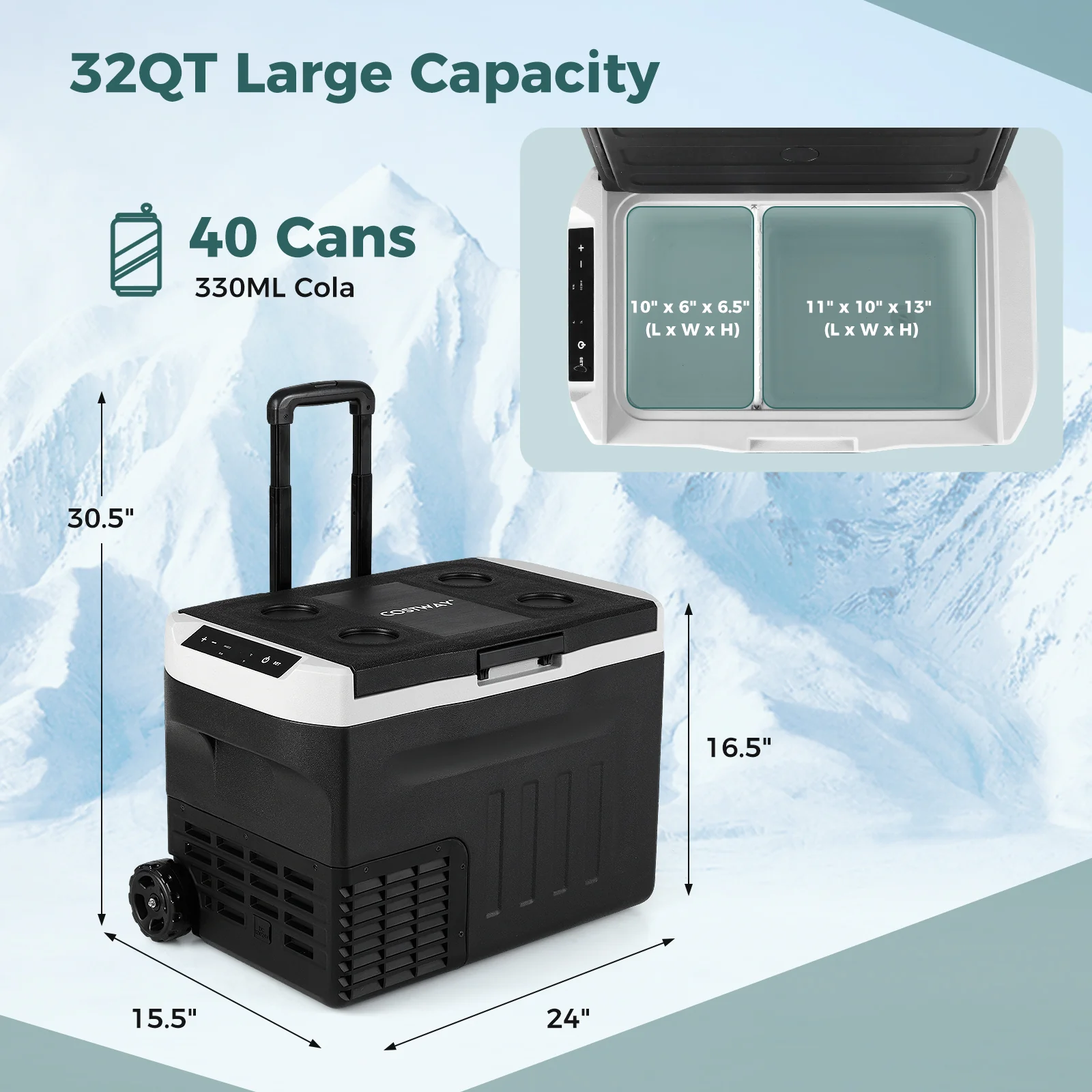 12V Car Refrigerator 32QT with Touch Panel and Removable Divider Medium - Image 4