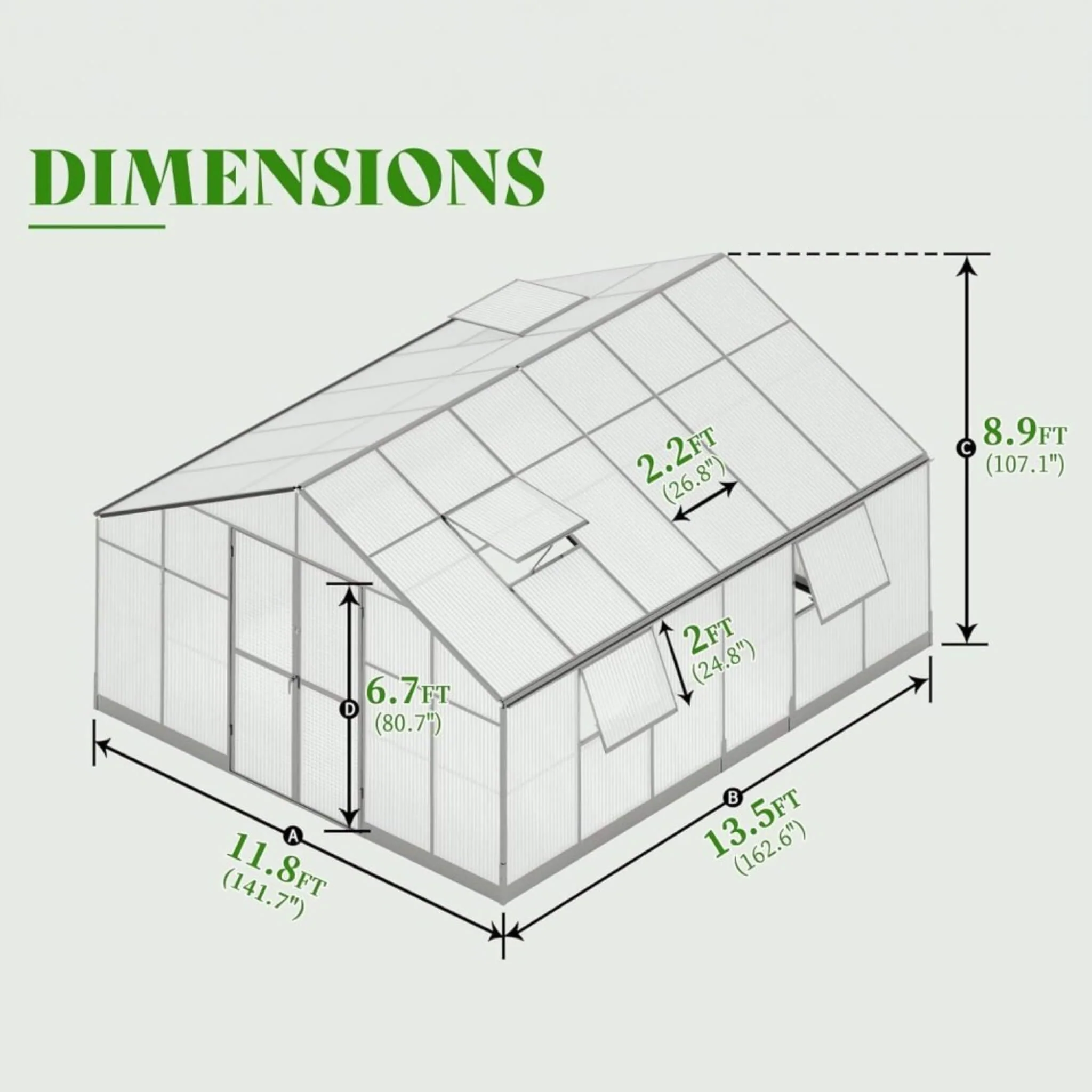 12 ' x 13' 5" FT Premium Extra Large Outdoor Aluminum Polycarbonate Greenhouse With Quick Connect Fitting - Image 6