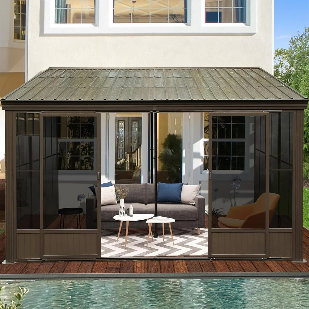 12' x 14' FT Large Outdoor All-Season Wall Mounted Sunroom Solarium With Galvanized Steel Roof & Moveable PVC Screen - Image 2