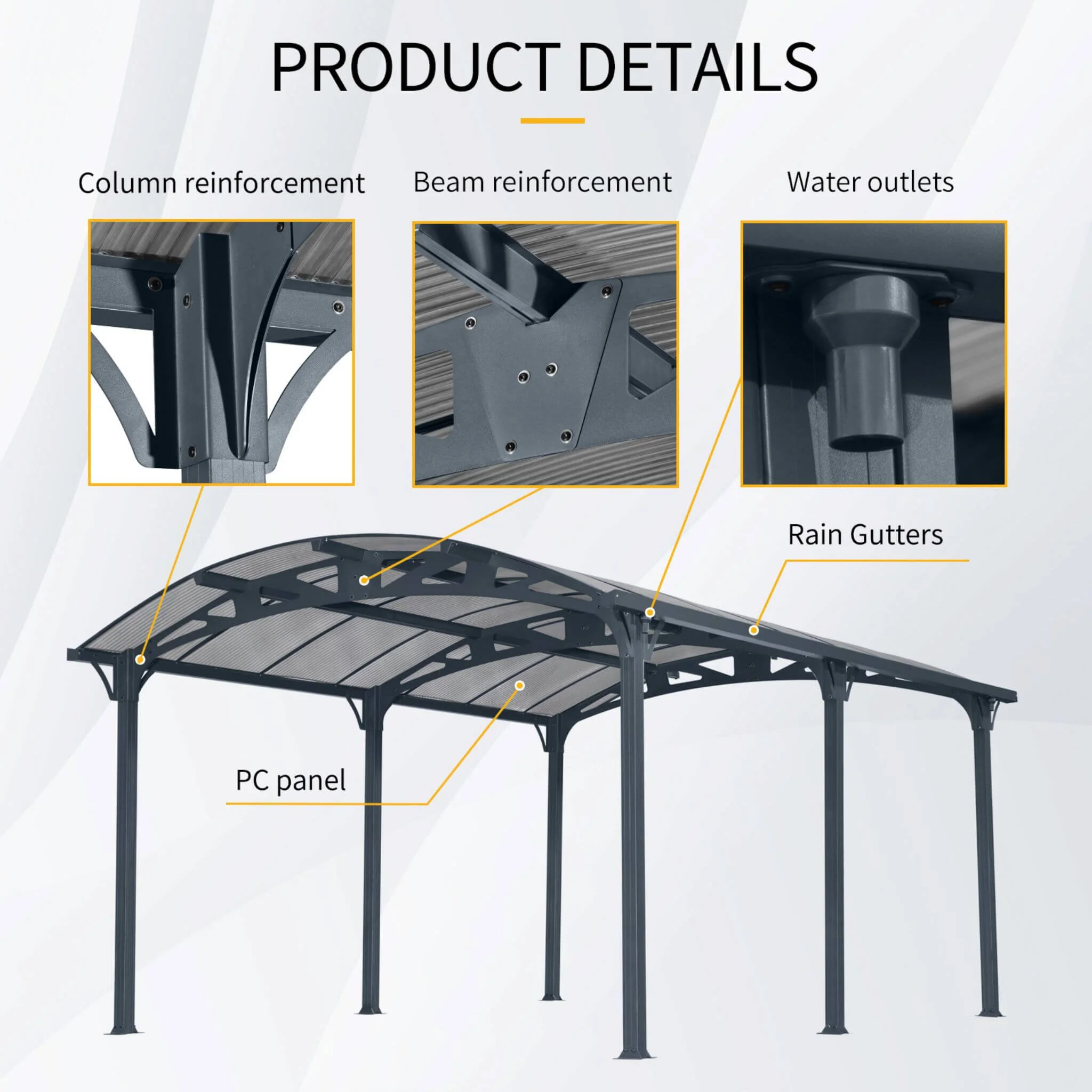 12' x 16' FT Alora Large Outdoor Aluminum Arch Carport With Polycarbonate Panels - Image 3