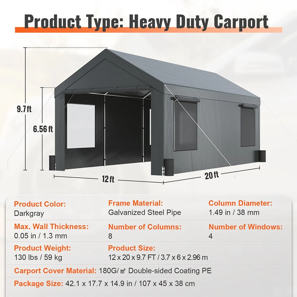 12' x 20' FT Alora Heavy-Duty Outdoor Premium Garage Tarp Canopy Shelter W/ Removable Sidewalls - Image 12