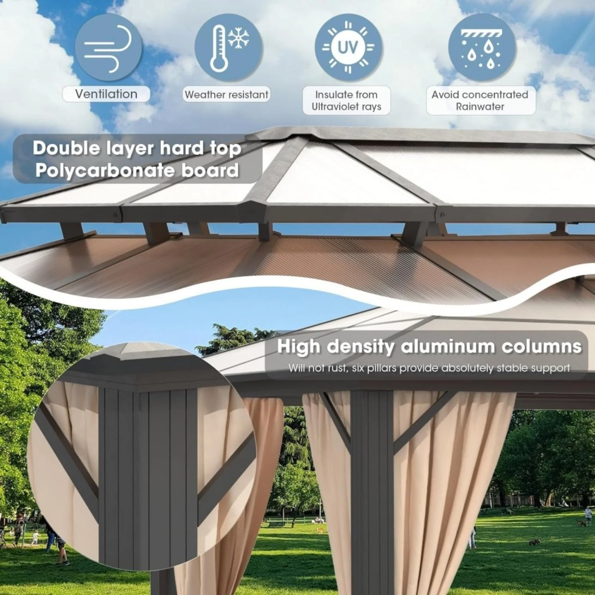 12' x 20' Alora Premium Aluminum Polycarbonate Hardtop Gazebo with UV Protection Netting and Curtains - Image 4