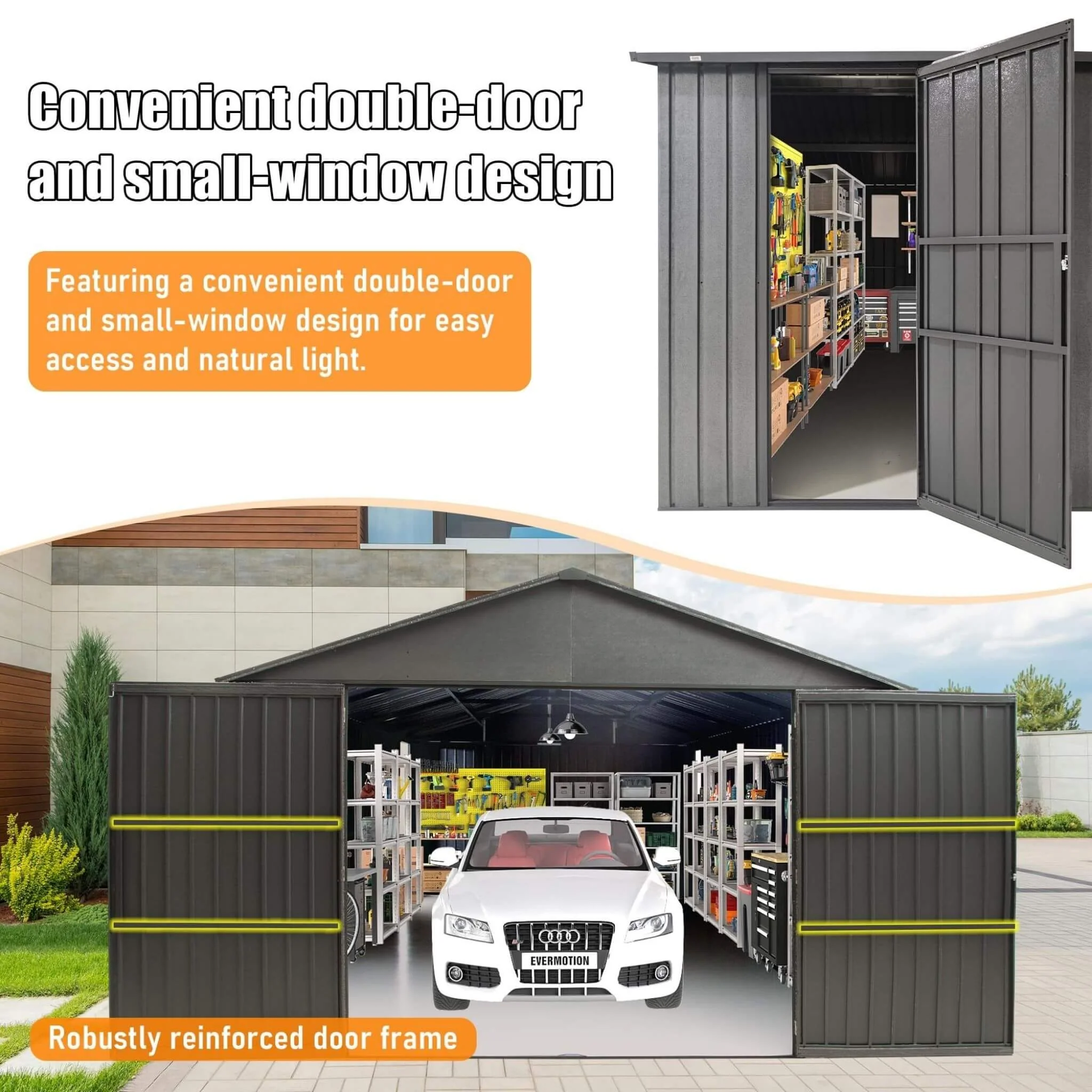 12' x 25' FT Alora Extra Large Heavy-Duty Outdoor Metal Carport Garage Shed With Lockable Double Hinged Doors - Image 3