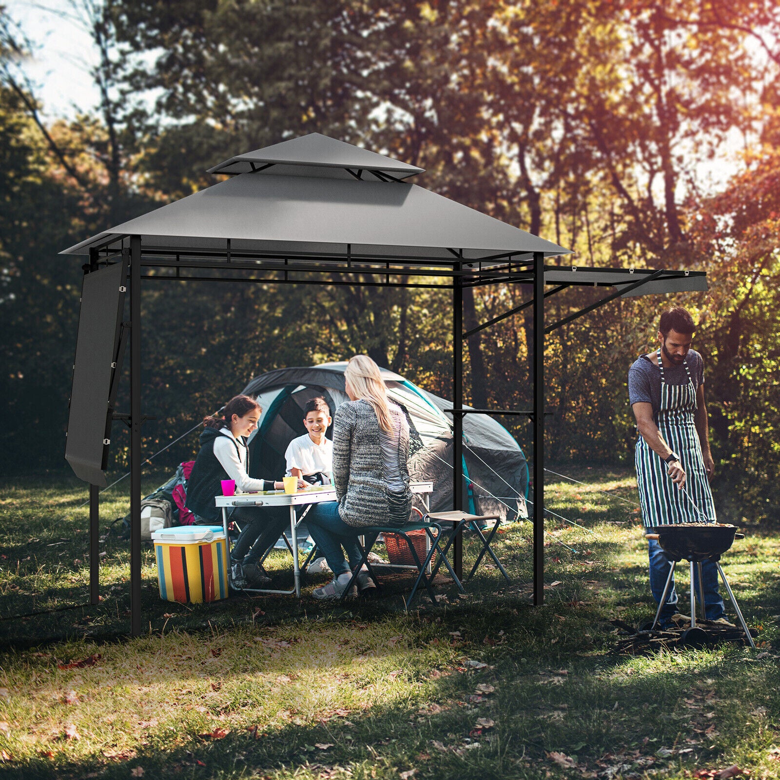 13.5 x 4 Feet Patio BBQ Grill Gazebo Canopy with Dual Side Awning - Image 11