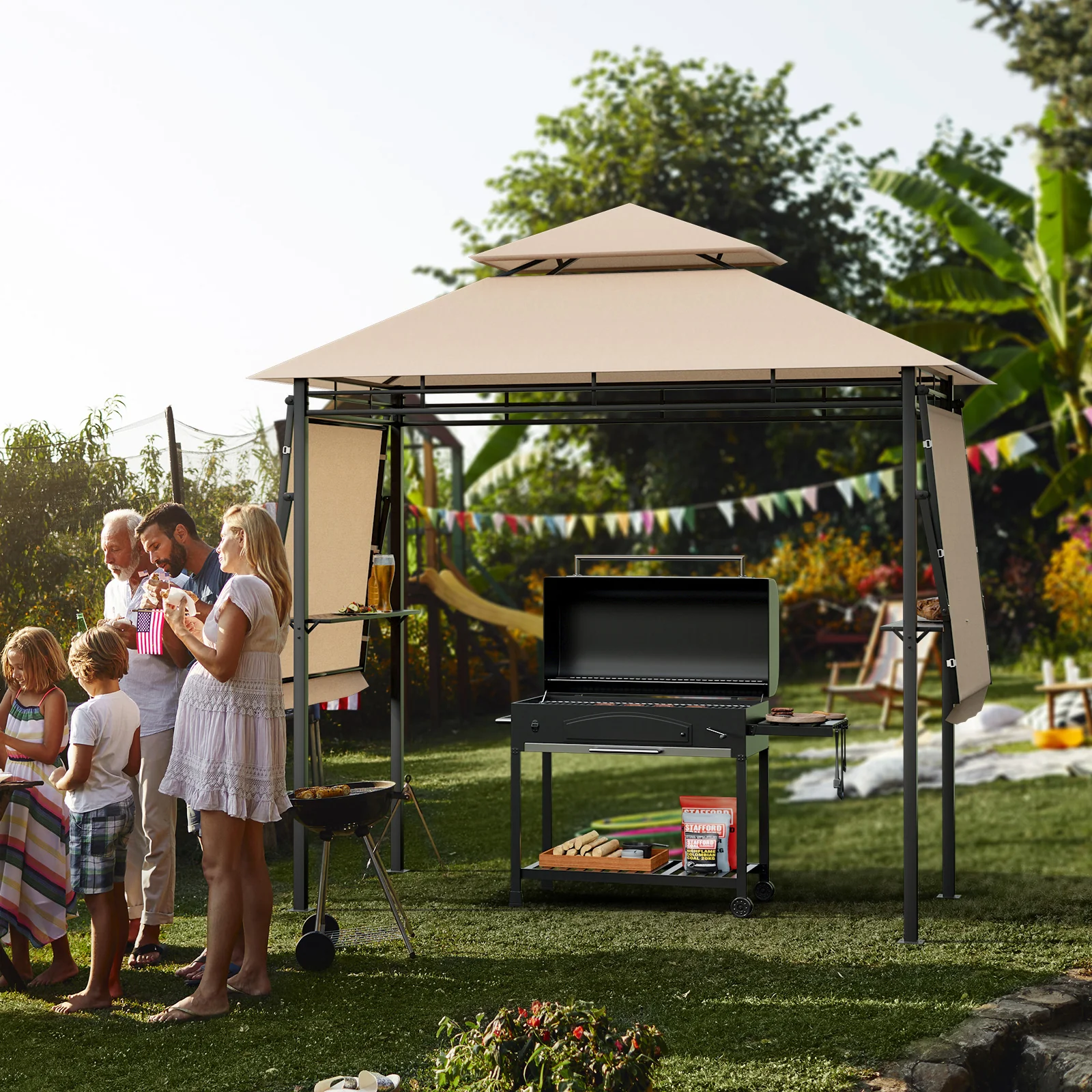 13.5 x 4 Feet Patio BBQ Grill Gazebo Canopy with Dual Side Awning - Image 2