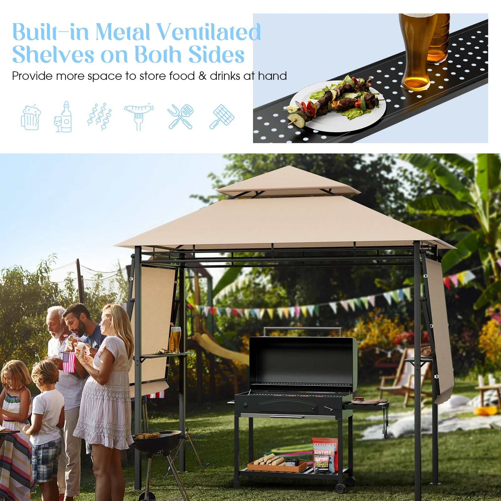 13.5 x 4 Feet Patio BBQ Grill Gazebo Canopy with Dual Side Awning - Image 7