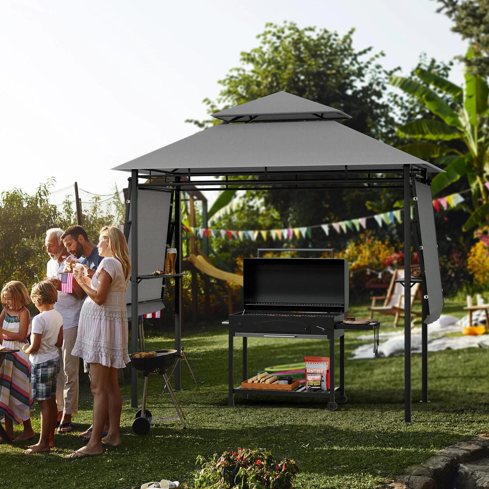 13.5 x 4 Feet Patio BBQ Grill Gazebo Canopy with Dual Side Awning - Image 9