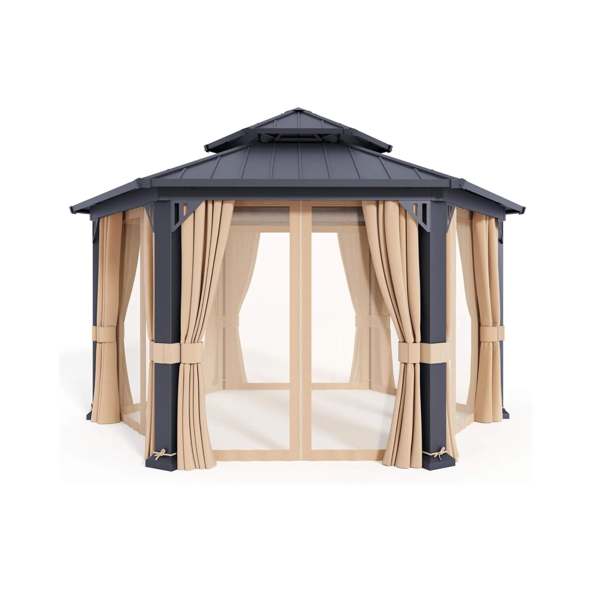13FT x 15FT Alora Double-Tier Hexagonal Metal Hardtop Patio Gazebo with Curtains - Image 2