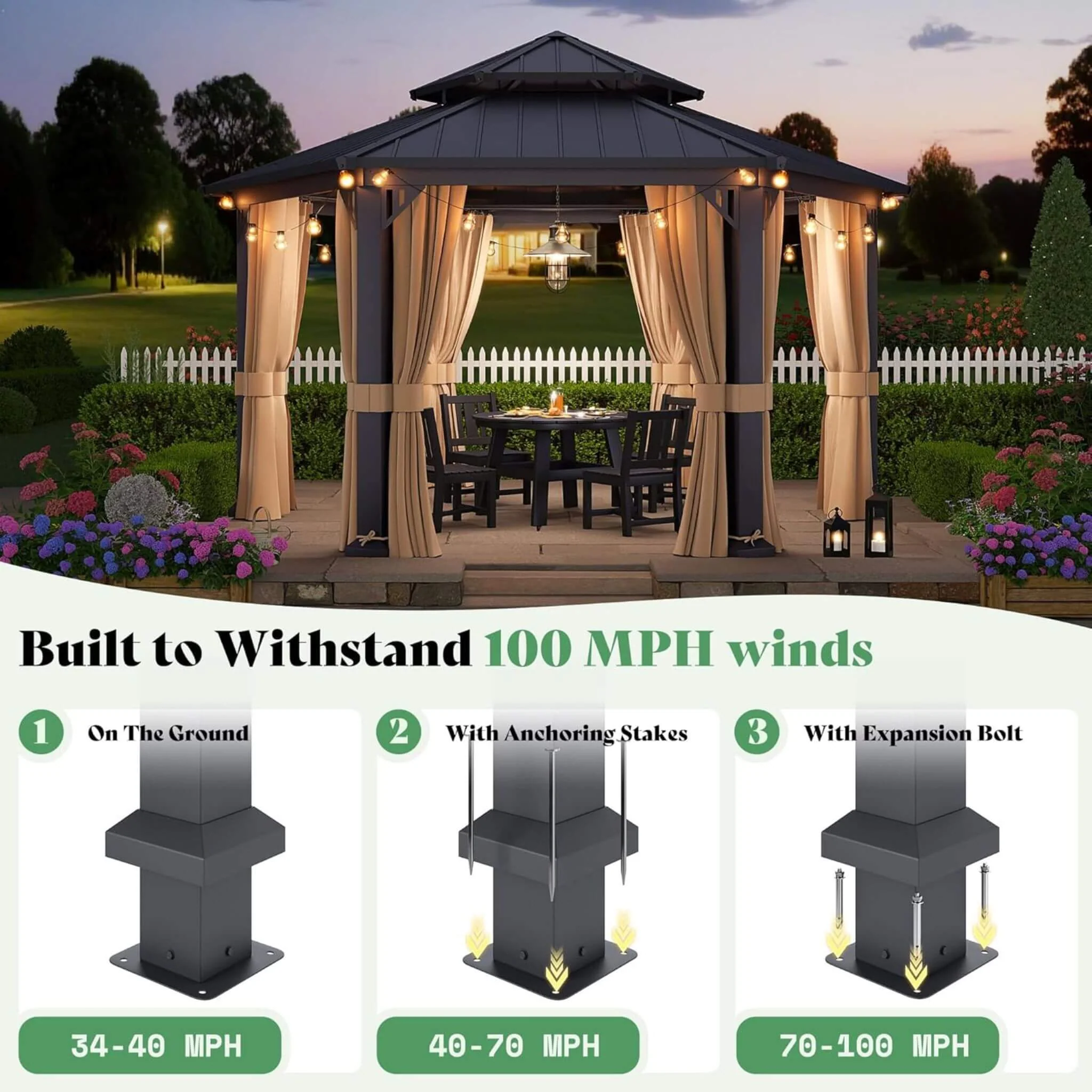13FT x 15FT Alora Double-Tier Hexagonal Metal Hardtop Patio Gazebo with Curtains - Image 6