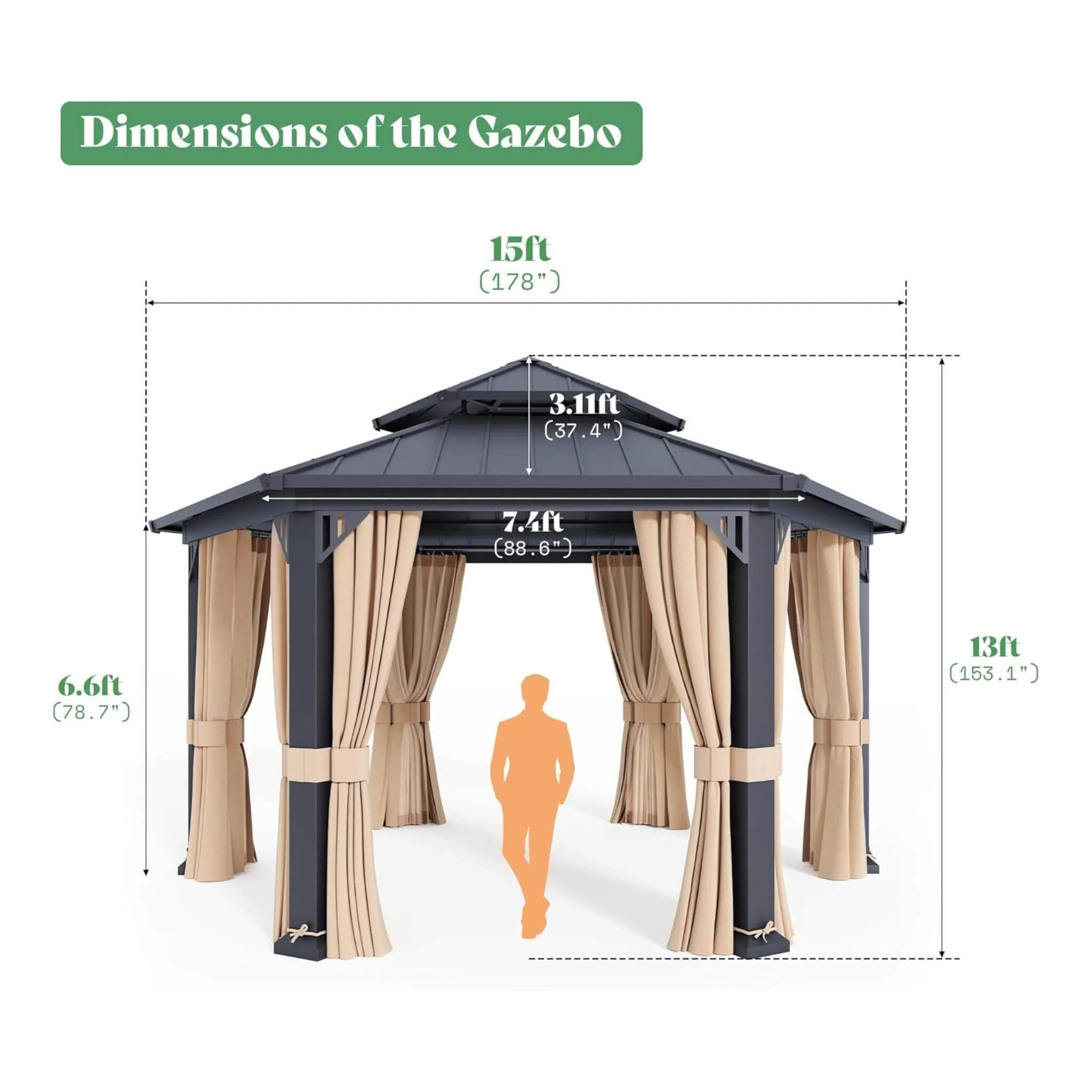 13FT x 15FT Alora Double-Tier Hexagonal Metal Hardtop Patio Gazebo with Curtains - Image 9