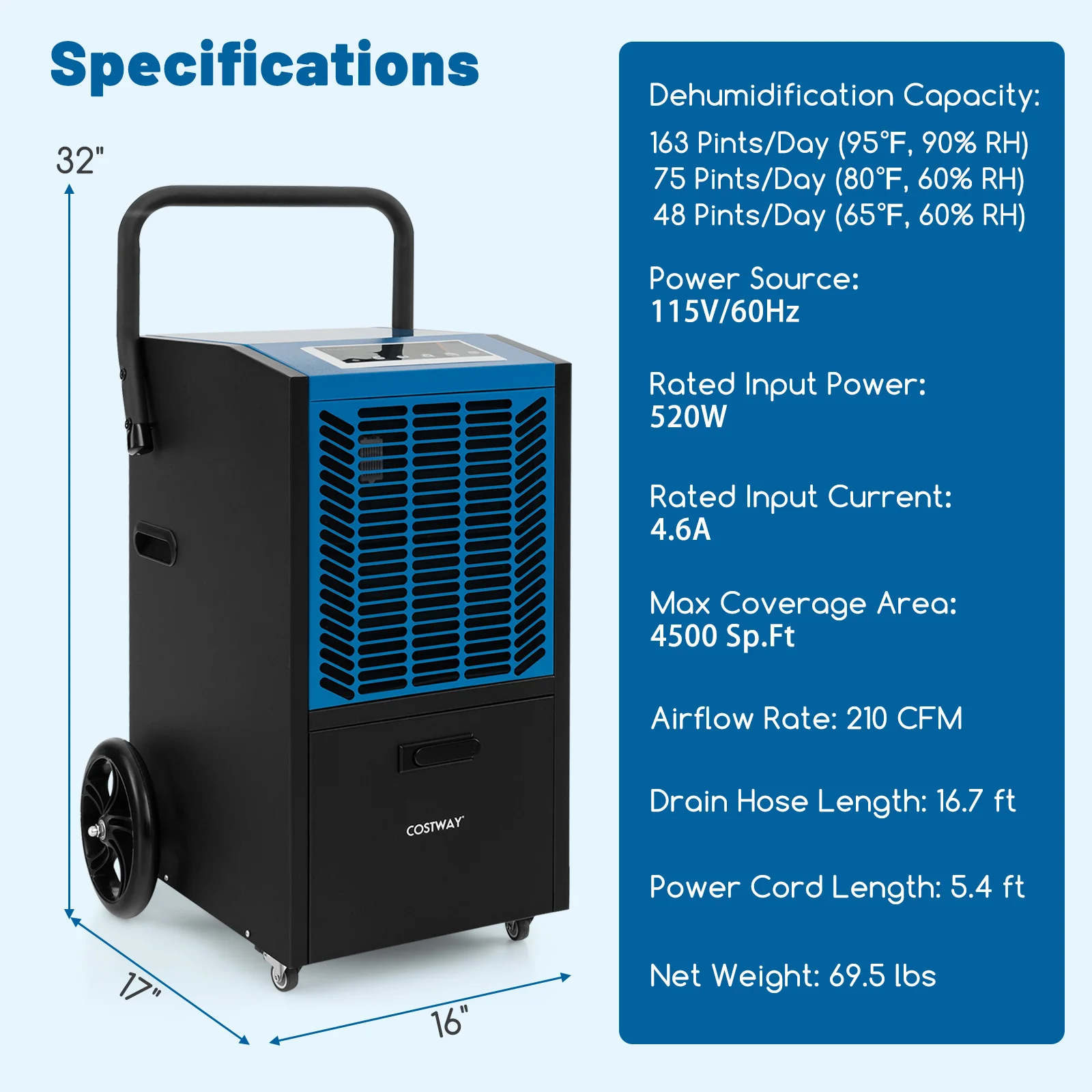 140 Pints Commercial Dehumidifier Crawl Space Dehumidifier with Pump and Drain Hose - Image 4