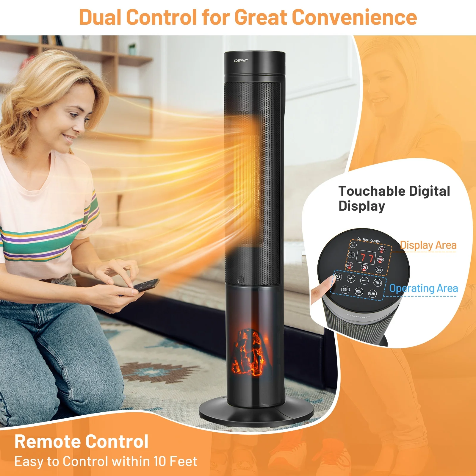 1500W Ceramic Tower Space Heater with Remote Control and Realistic 3D Flame - Image 5