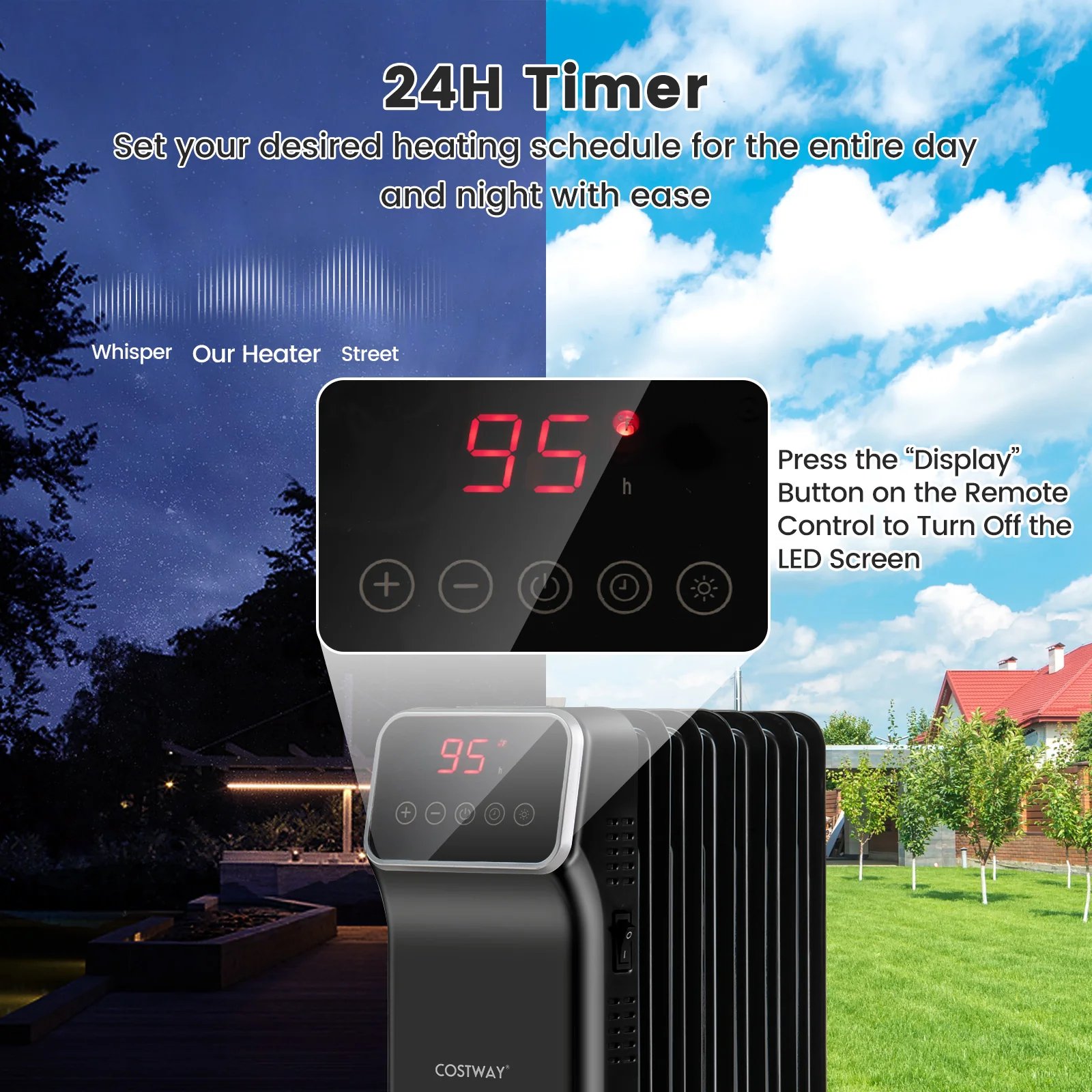 1500W Oil Filled Radiator Heater with Remote Control 3 Modes 24H Timer - Image 13