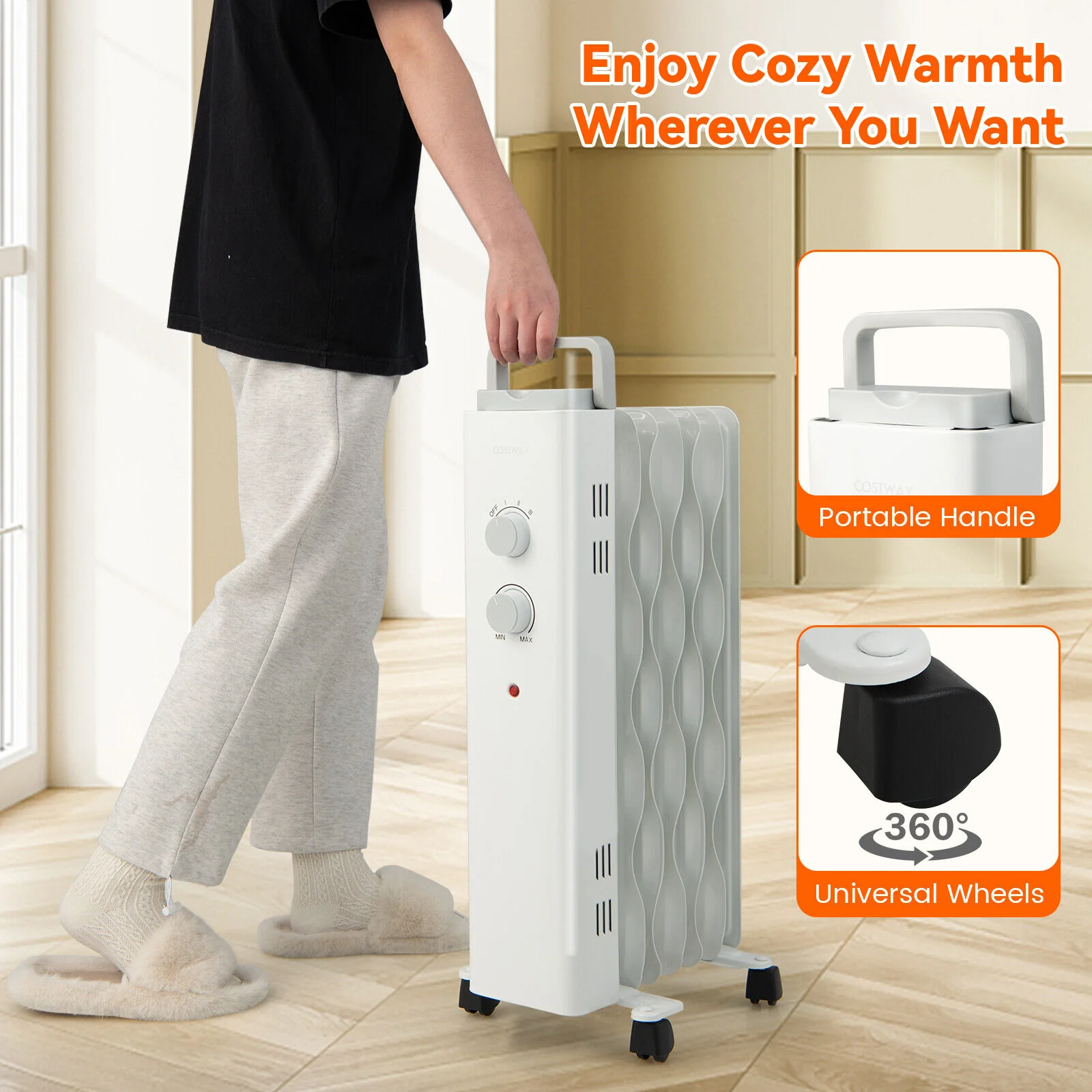 1500W Oil Filled Space Heater with Universal Wheels and 3-Level Heat - Image 5