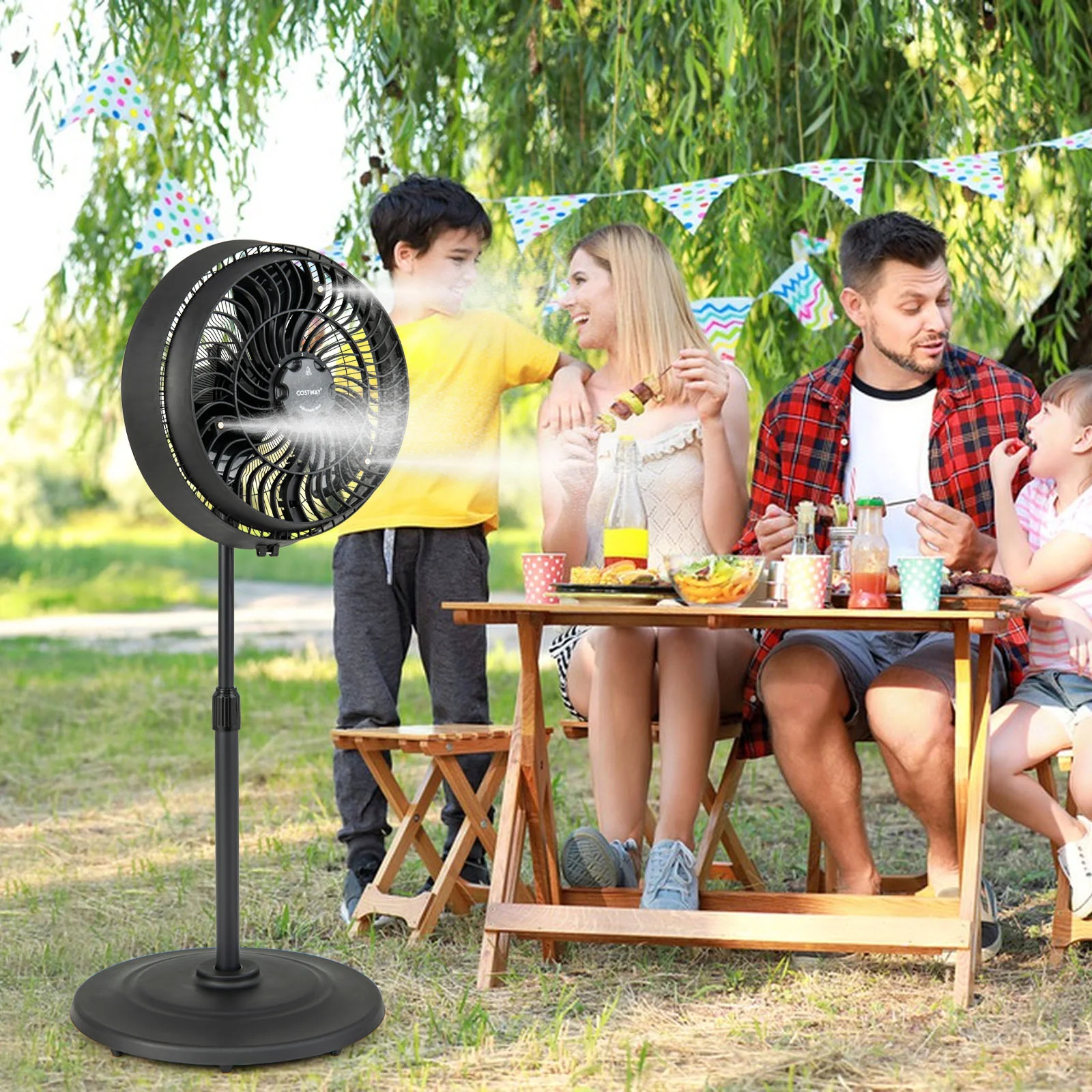 16 Inch Outdoor Misting Fan Oscillating Pedestal Fan with 3 Mist Levels-Black - Image 2
