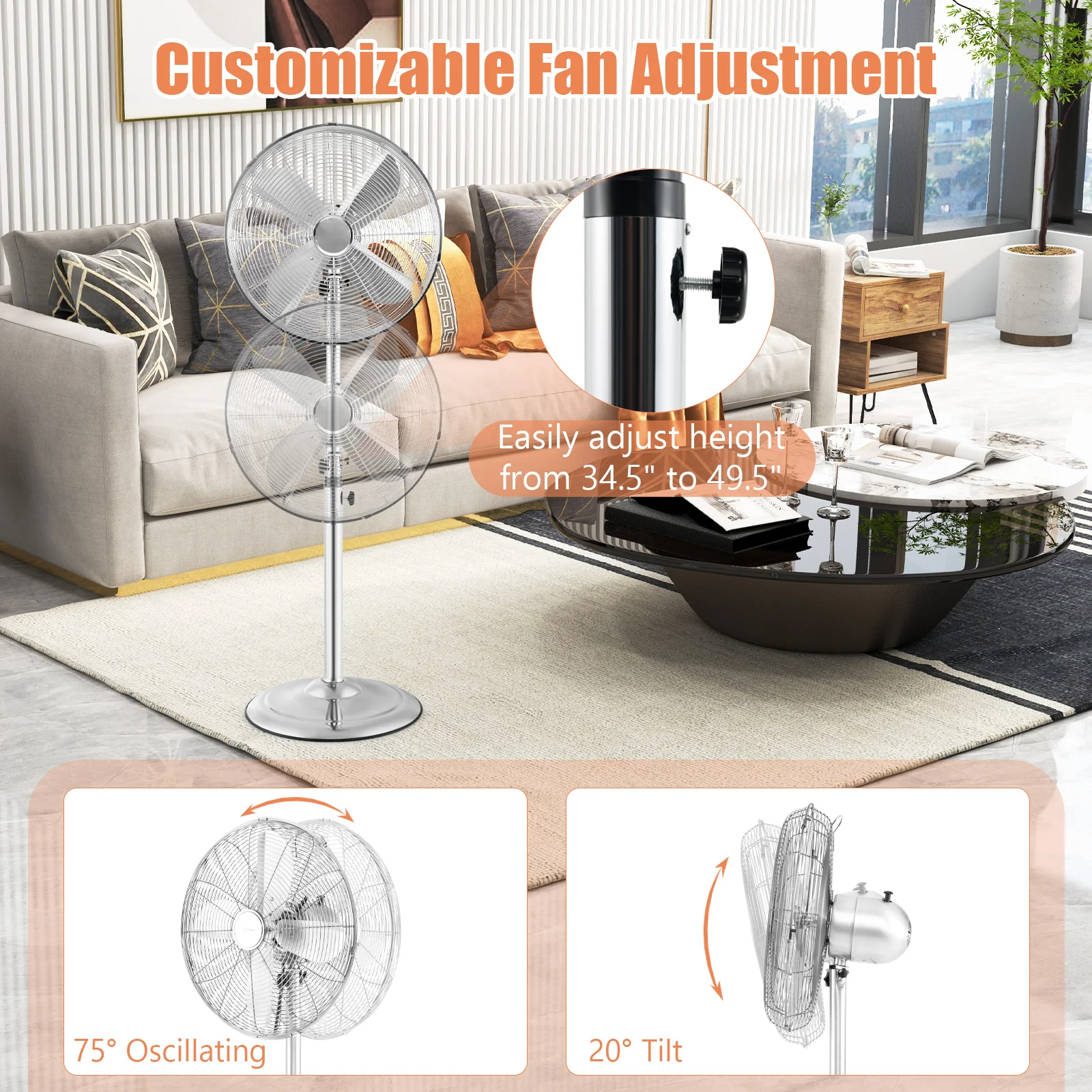 16 Inch Pedestal Standing Fan Oscillating Pedestal Fan with 3 Speeds and Adjustable Height - Image 12