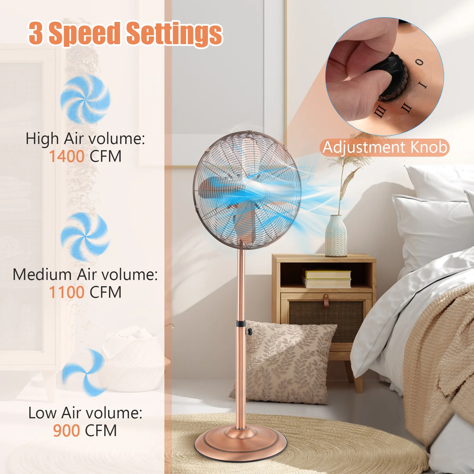 16 Inch Pedestal Standing Fan Oscillating Pedestal Fan with 3 Speeds and Adjustable Height - Image 6