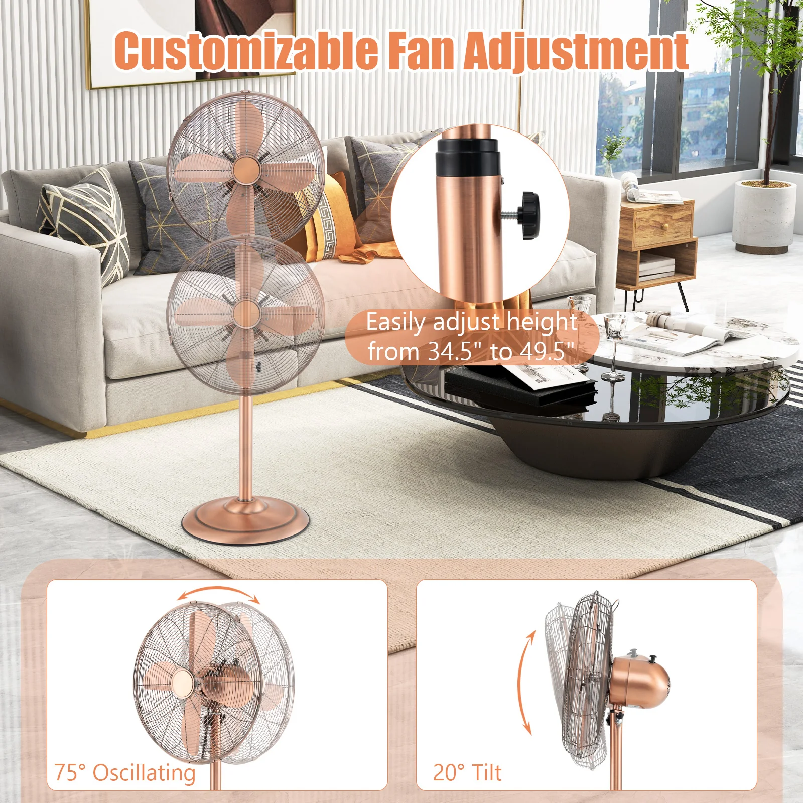 16 Inch Pedestal Standing Fan Oscillating Pedestal Fan with 3 Speeds and Adjustable Height - Image 8